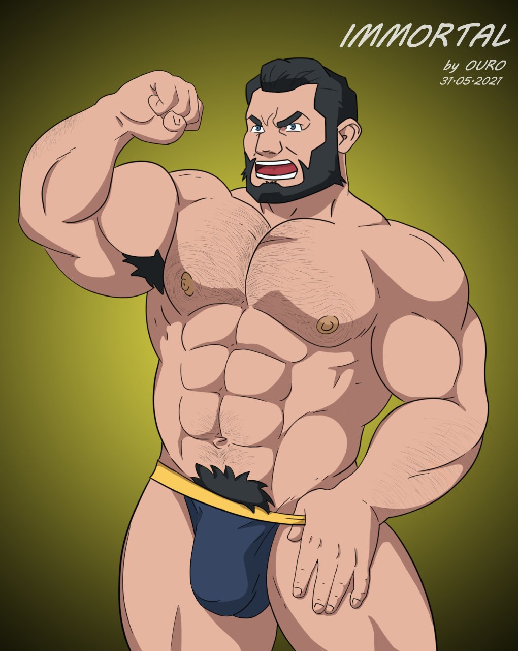 armpit_hair balls bara beard bulge facial_hair flexing invincible jockstrap male male_only muscles muscular ouro_art penis solo solo_male the_immortal