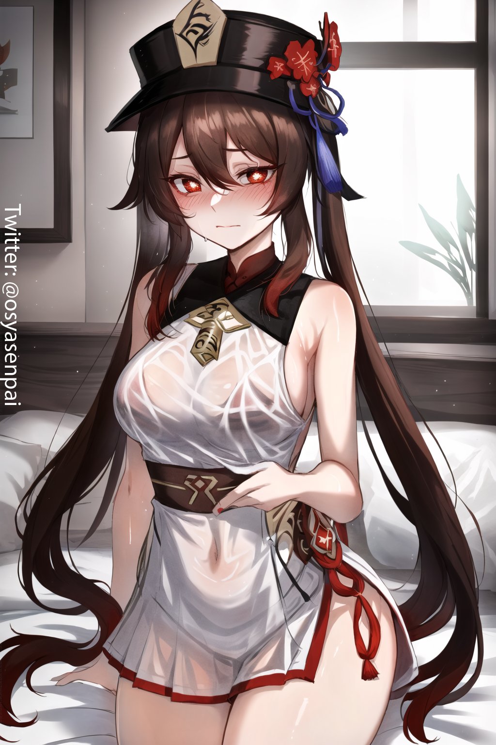 1girls, ai generated, breasts, brown hair, female, female only, genshin impact, hat, hu tao (genshin impact), long hair, looking at viewer, medium breasts, mihoyo, osyasenpai, red eyes, solo, solo female, stable diffusion, star shaped pupils, thighs, tight clothing, very long hair