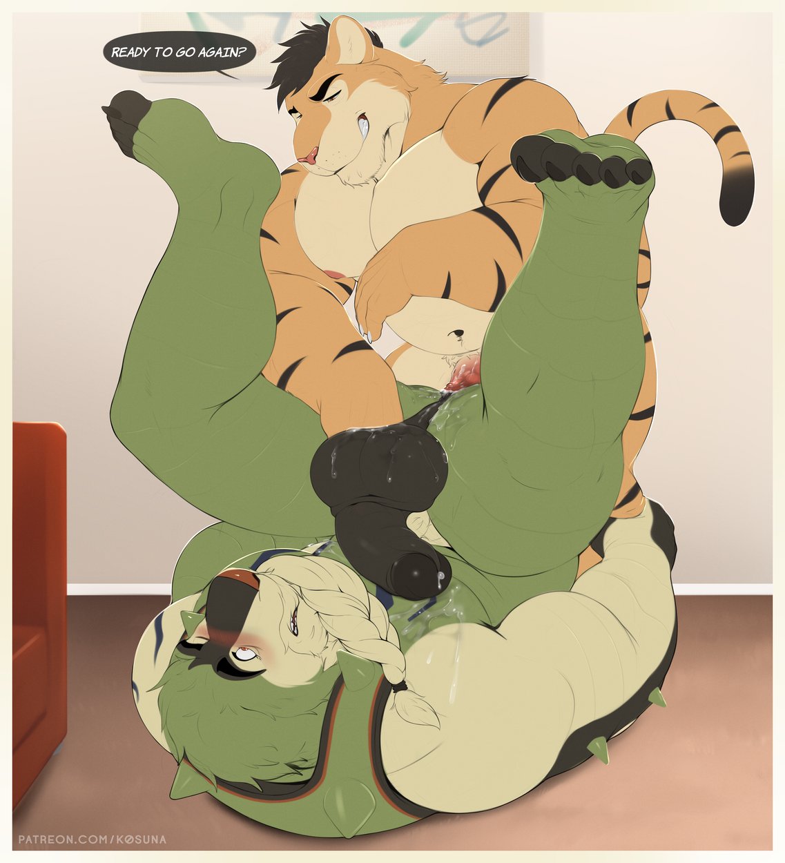 anthro ball_fondling balls big_balls black_hair blush bodily_fluids braided_hair chesnaught cum cum-drip cum_in_ass cum_inside duo felid fondling fur generation_6_pokemon genital_fluids genitals green_body hair hi_res humanoid_genitalia humanoid_penis inside k0suna male male/male male_penetrated male_penetrating male_penetrating_male mammal mature_male muscular muscular_anthro muscular_male nintendo orange_body orange_fur pantherine penetration penis piledriver_position pokemon pokemon_(species) sex smile teeth text tiger url