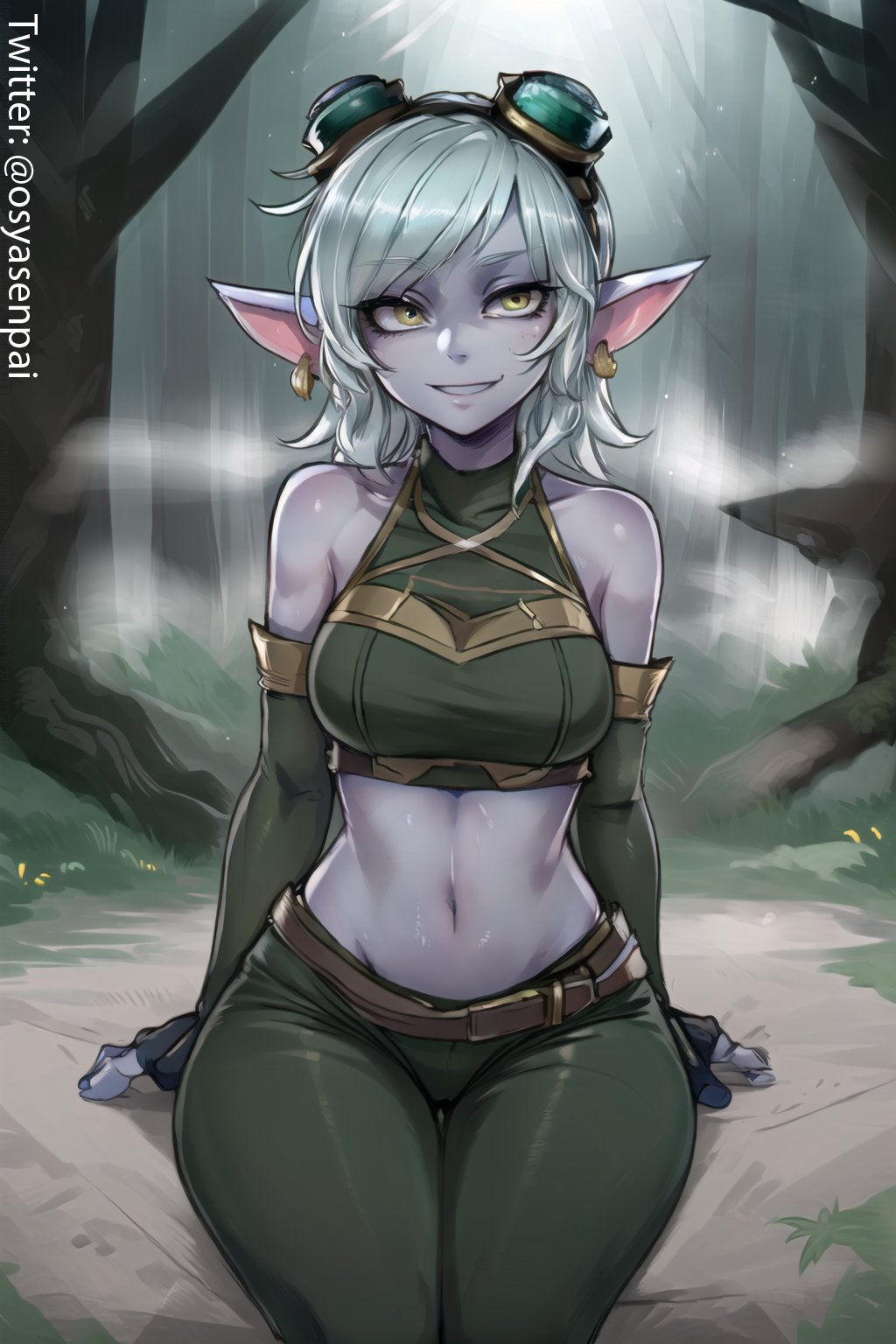 1girls, ai generated, athletic, athletic female, bare shoulders, belly, breasts, earrings, female, female only, forest, grey hair, league of legends, medium breasts, medium hair, osyasenpai, outdoors, solo, solo female, stable diffusion, toned, toned stomach, tristana, wide hips, yellow eyes, yordle