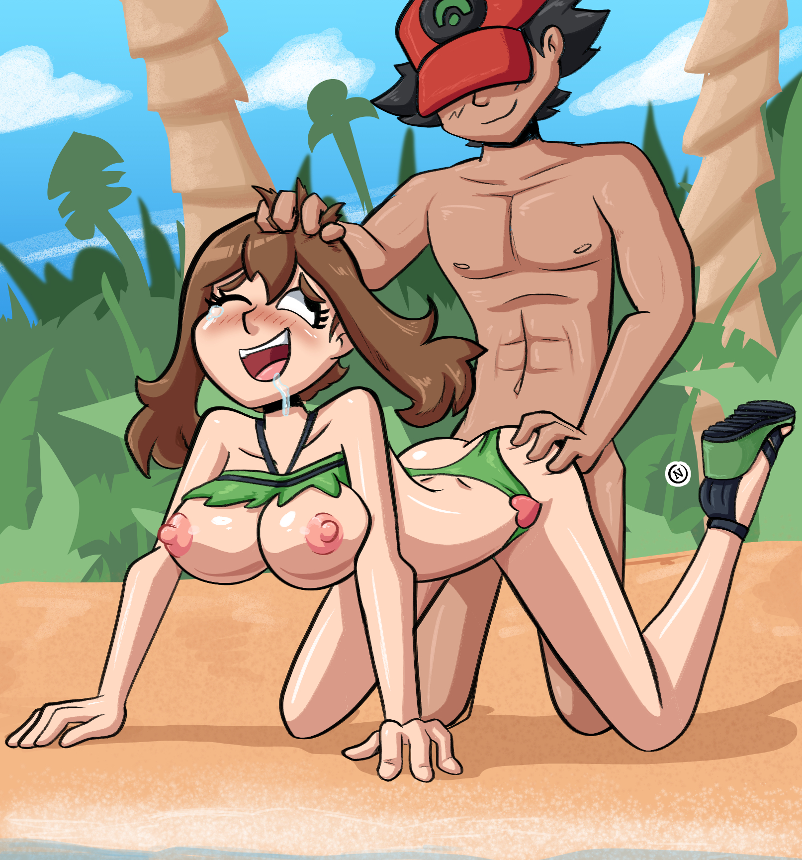 ass, beach, big breasts, bikini, breasts, brown hair, doggy style, female, green bikini, green clothing, happy sex, may (pokemon), nanus2, nintendo, nipples, pokemon, pulling hair, satoshi (pokemon), sex, wedge heels