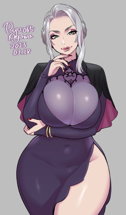 1girls breasts cleavage dress exposed_thigh giant_breasts goth huge_breasts large_breasts lipstick ryo_agawa sheer smile solo white_hair