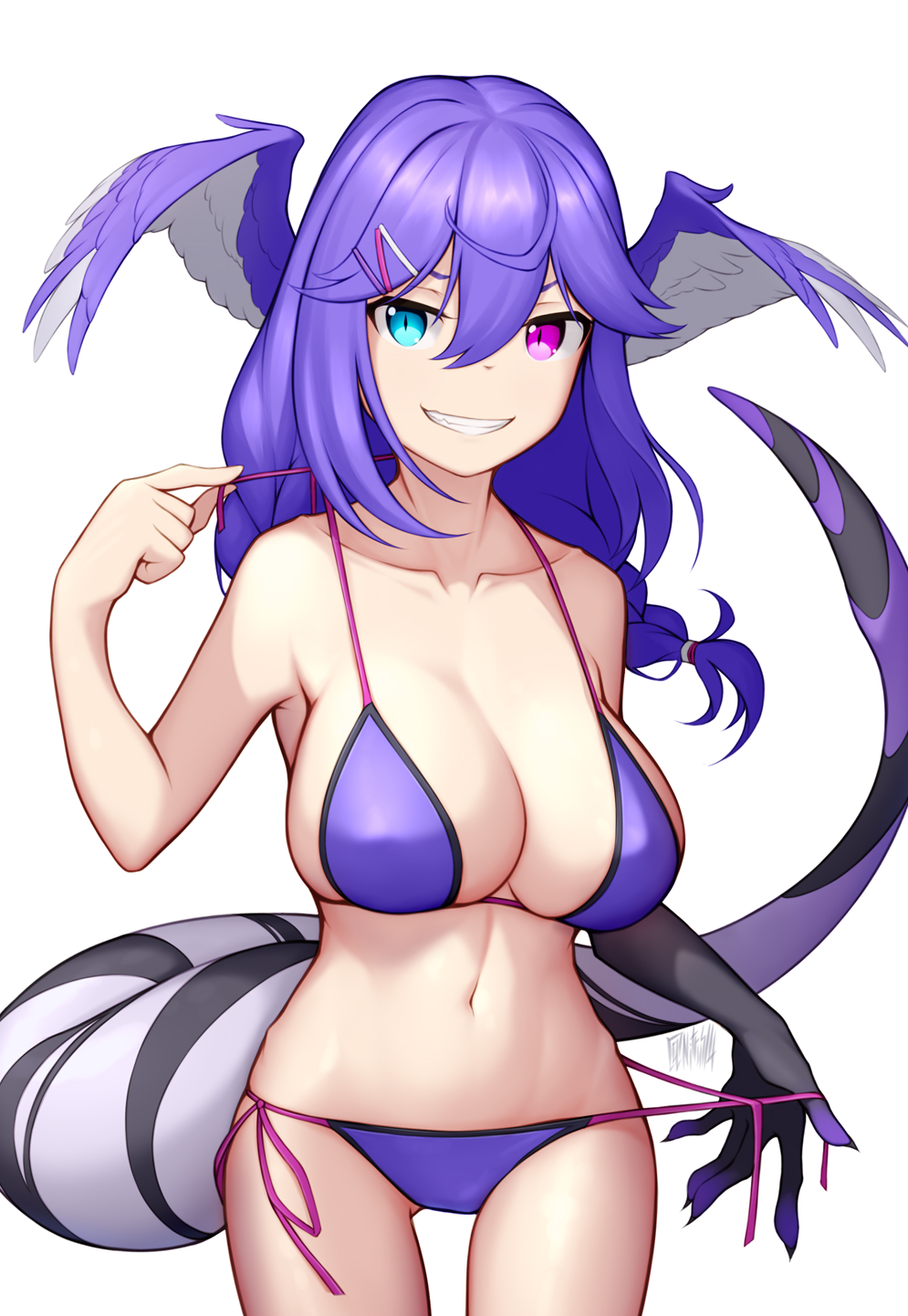 1girls ahoge bare_midriff bare_shoulders belly_button big_breasts bikini cleavage dragon_girl dragon_hand dragon_tail exposed_shoulders exposed_torso hair_between_eyes hair_wings head_wings heterochromia large_breasts looking_at_viewer midriff navel nijisanji nijisanji_en nitrus14 purple_bikini purple_hair selen_tatsuki smile smiling smiling_at_viewer solo solo_female solo_focus string_bikini swimsuit tail tummy twin_braids virtual_youtuber white_background