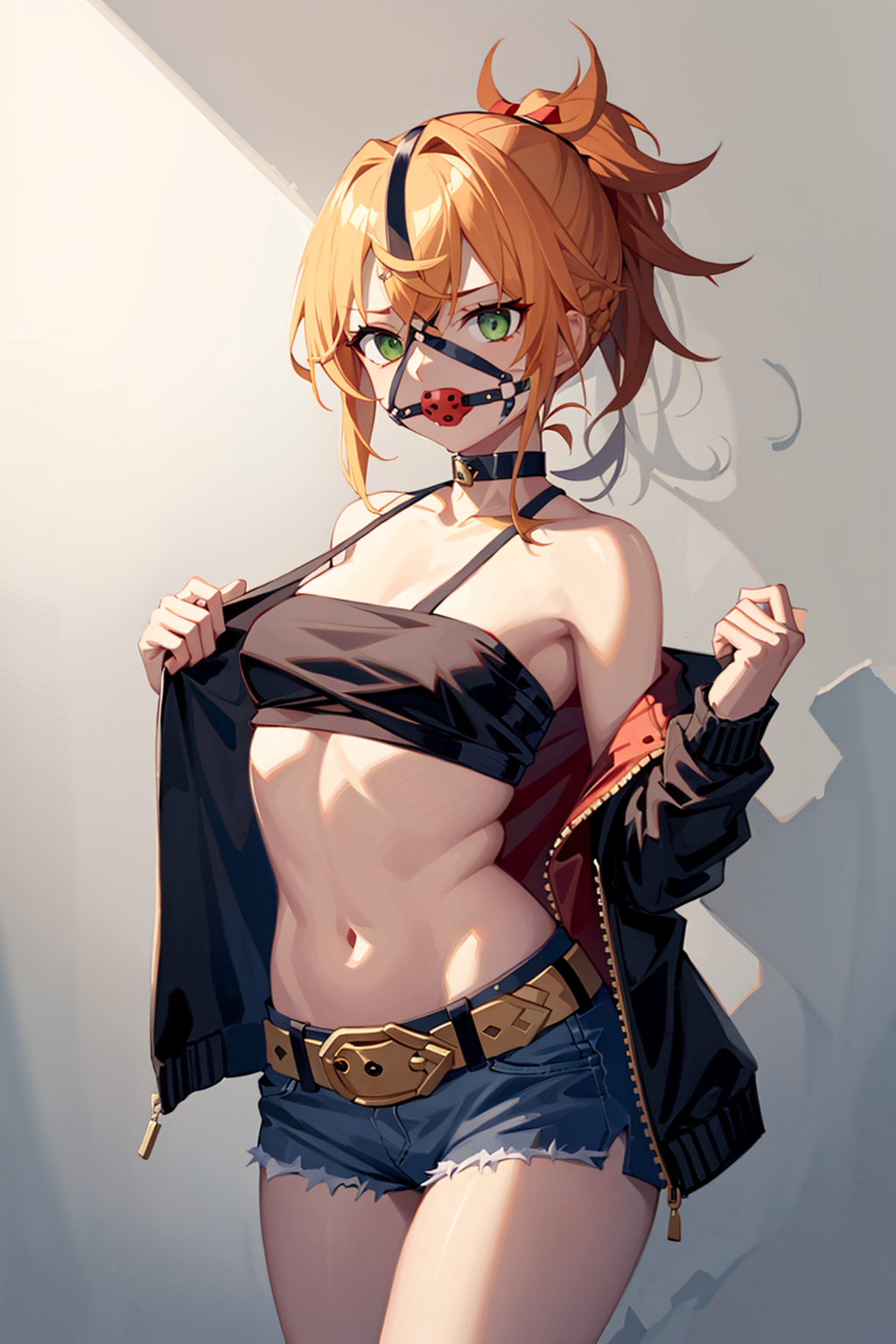 ai_generated blonde_hair blush braid breasts collarbone fate/grand_order fate_(series) female gag gag_bondage gagged green_eyes hair_ornament hair_scrunchie indoors long_hair looking_at_viewer mordred_(fate) mordred_(fate/apocrypha) nateyo ponytail pussy red_scrunchie scrunchie small_breasts solo