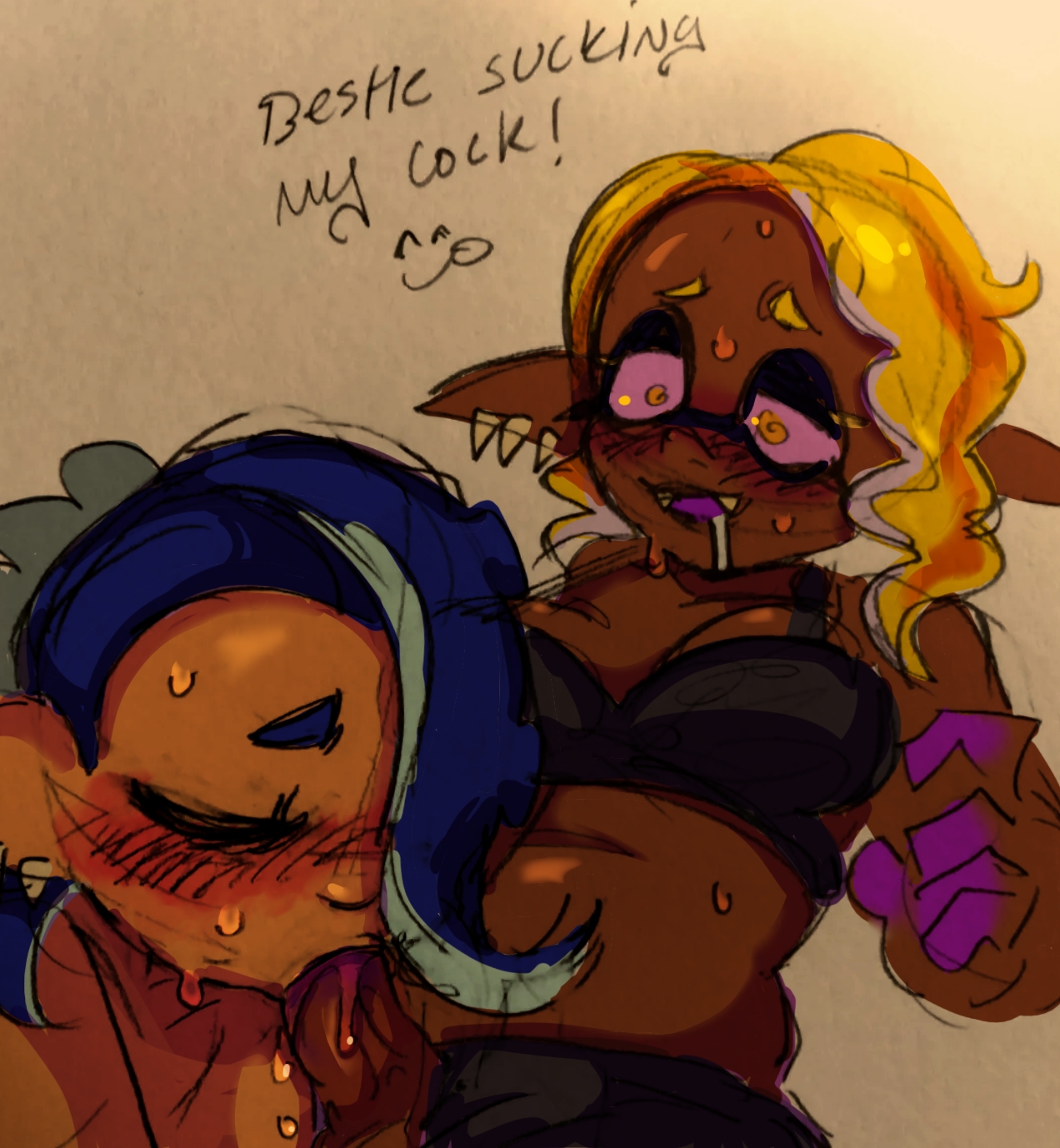 1futa, 1girls, areolae, big breasts, big penis, blowjob, blush, breasts, clothed, clothing, dark skin, dialogue, dickgirl, drooling, duo, english text, erection, fellatio, female, frye (splatoon), futa on female, futanari, humanoid, humanoid penis, intersex, lesbian sex, light skin, light-skinned female, mostly nude, oral, pale skin, penis, self upload, sex, shiver (splatoon), sillymxow, splatoon, sweat, sweatdrop, swirly eyes, text, trans woman, transfem