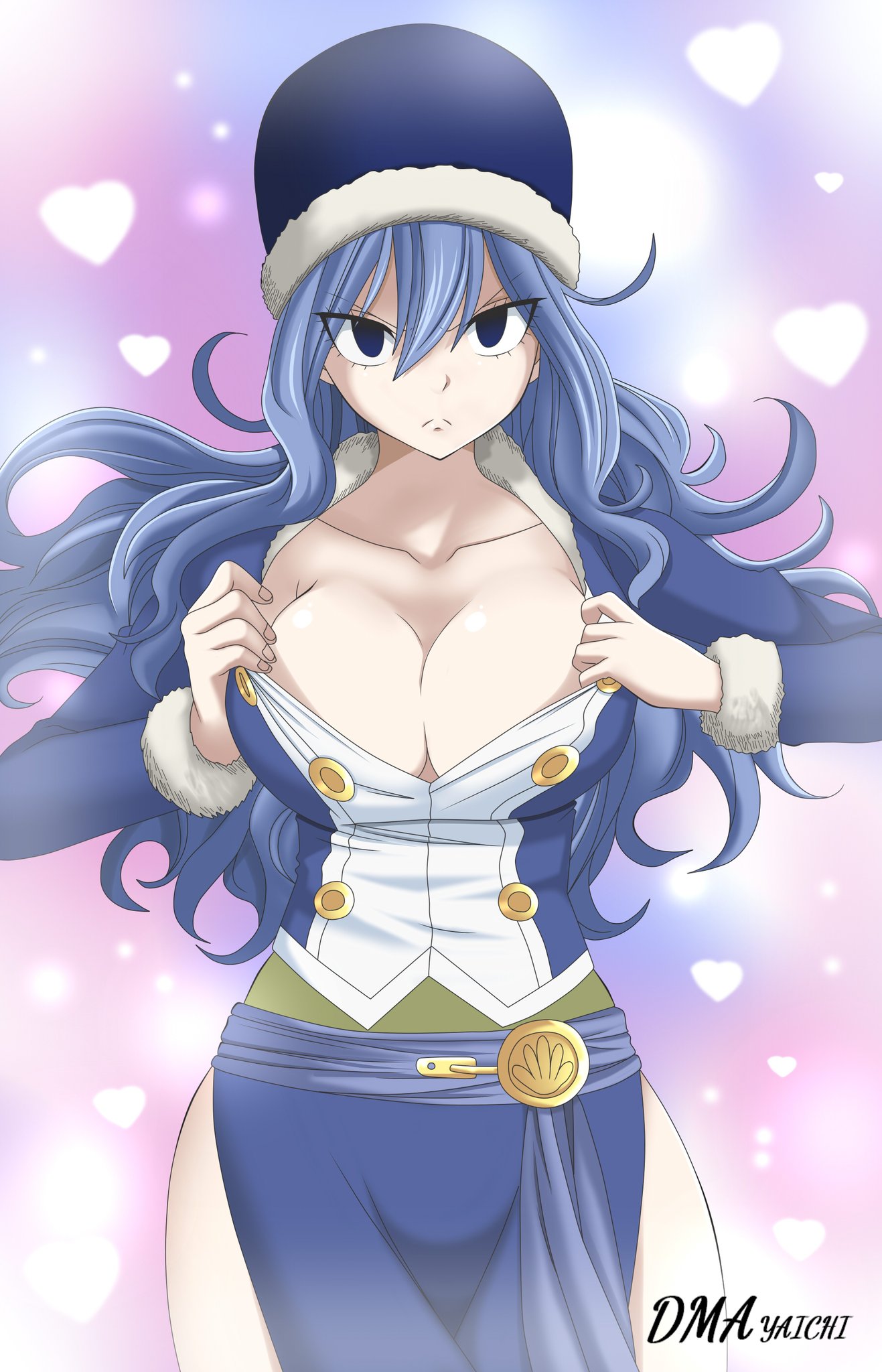 1girls, big breasts, blue eyes, blue hair, blue-haired female, breasts, cleavage, dmayaichi, dress slit, fairy tail, female, juvia lockser, long hair, pelvic curtain, slit dress, undressing