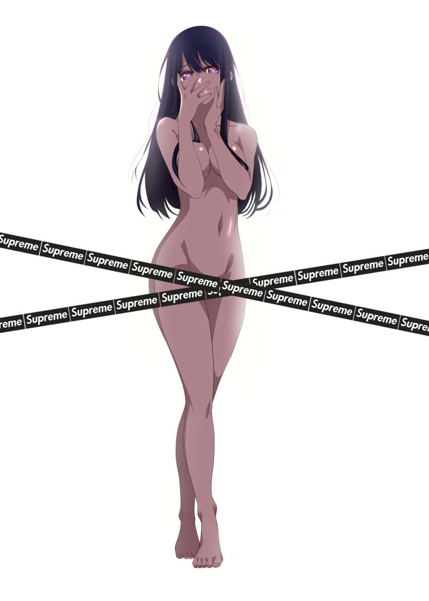 breasts, censored, covering breasts, edit, female, hoshino ai, long hair, looking at viewer, nude, nude female, official art, oshi no ko, purple eyes, purple hair, star eyes
