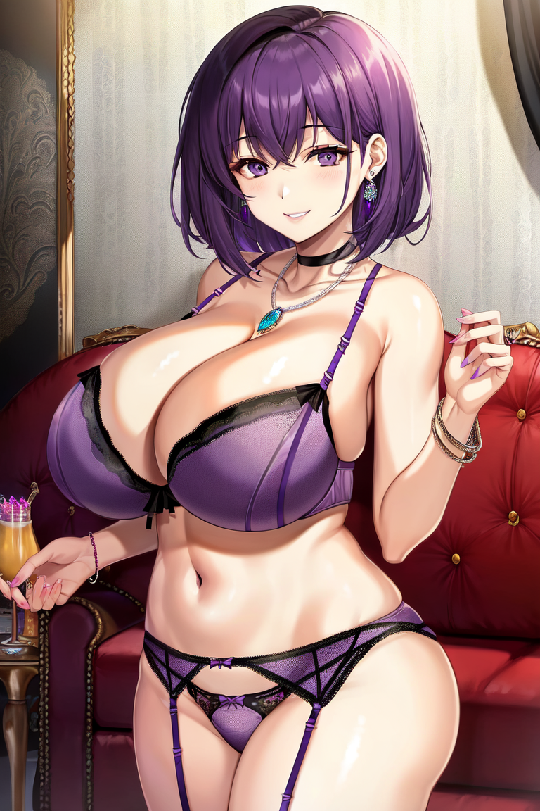 ai_generated big_breasts breasts busty chubby curvy female female_only giant_breasts gigantic_breasts holaraai huge_breasts large_breasts lingerie looking_at_viewer massive_breasts mature_female milf navel original original_character purple_eyes purple_hair purple_lingerie purple_underwear shenqi_hutao short_hair smile solo solo_female underwear voluptuous