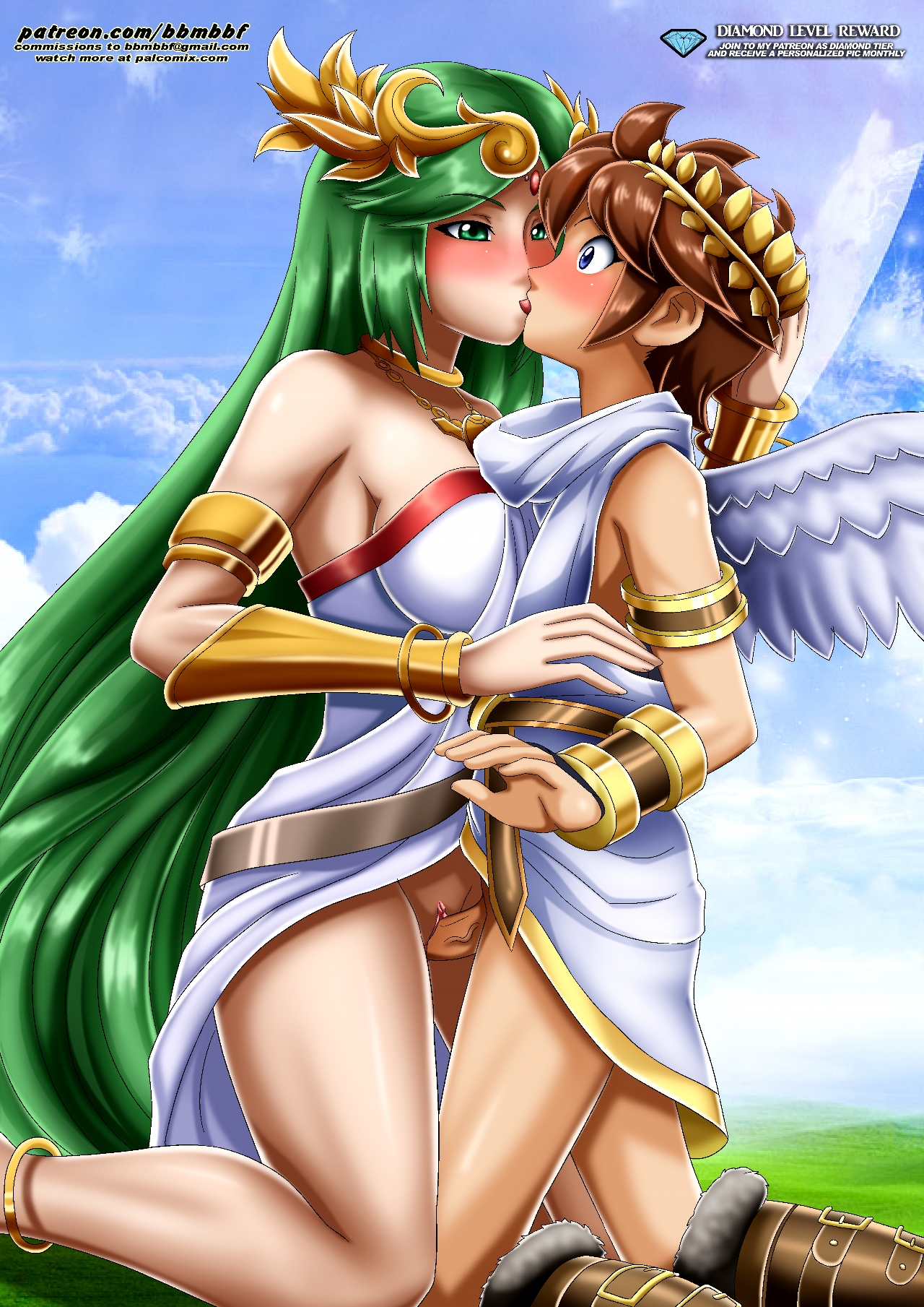 1boy, 1girls, bare shoulders, bbmbbf, big breasts, big thighs, blue eyes, blush, bottomless, breasts, brown hair, clothed, clothing, diamond level, dick, duo, eyebrows visible through hair, female, female/male, green eyes, green hair, half-closed eyes, kid icarus, kid icarus uprising, kissing, larger female, laurel crown, light skin, light-skinned female, light-skinned male, long hair, male, male/female, nintendo, no panties, palcomix, palutena, penis, pietros secret club, pit, pit (kid icarus), pussy, sex, smaller male, thick, thick hips, thick thighs, tongue, tongue kiss, vagina, vaginal, vaginal penetration, very long hair, wide hips, wings