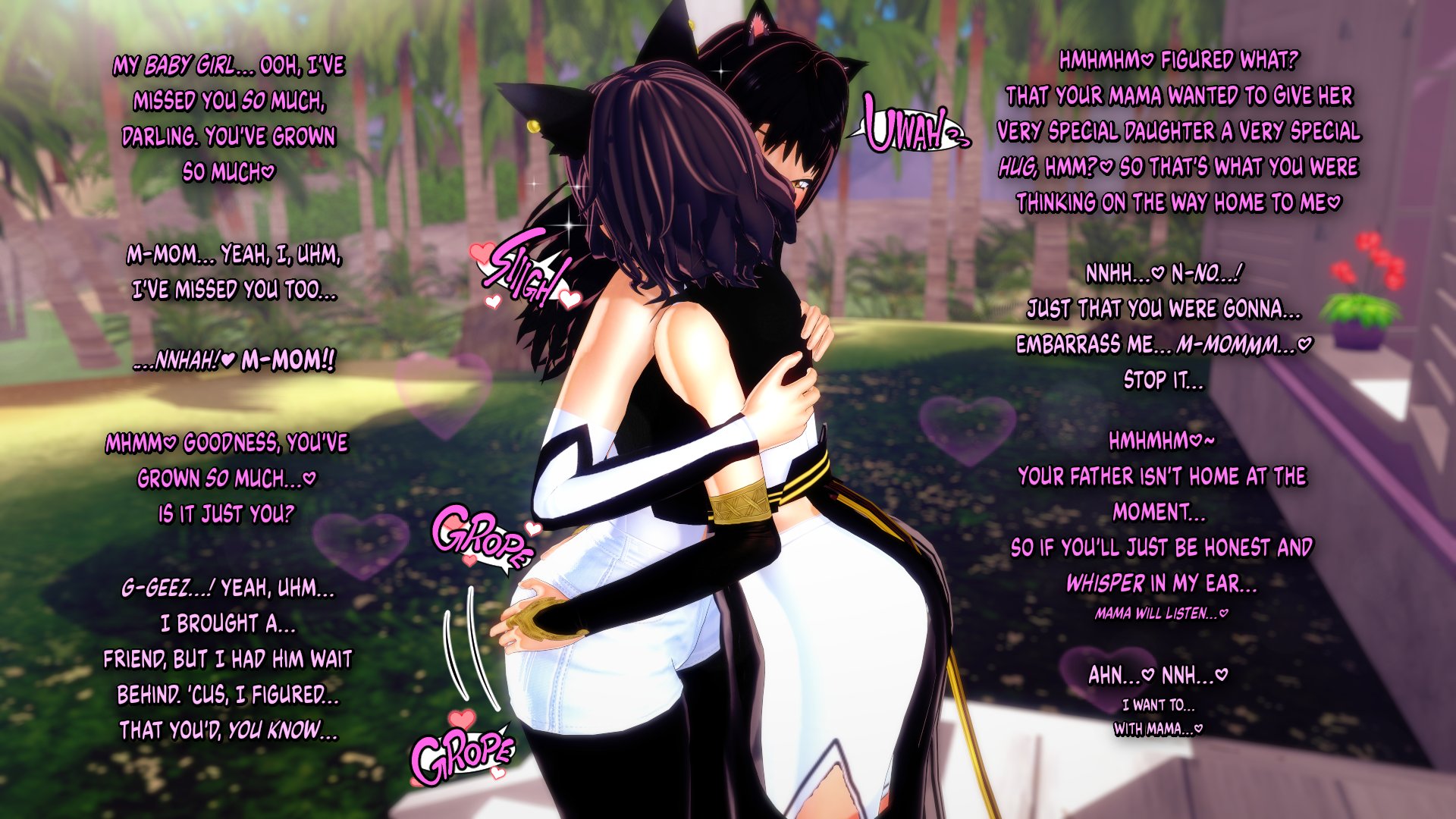 2girls, 3d, black hair, blake belladonna, cat ears, dialogue, english, english text, female, female only, hug, incest, kali belladonna, mother and daughter, rwby, tagme, v-kris, yuri