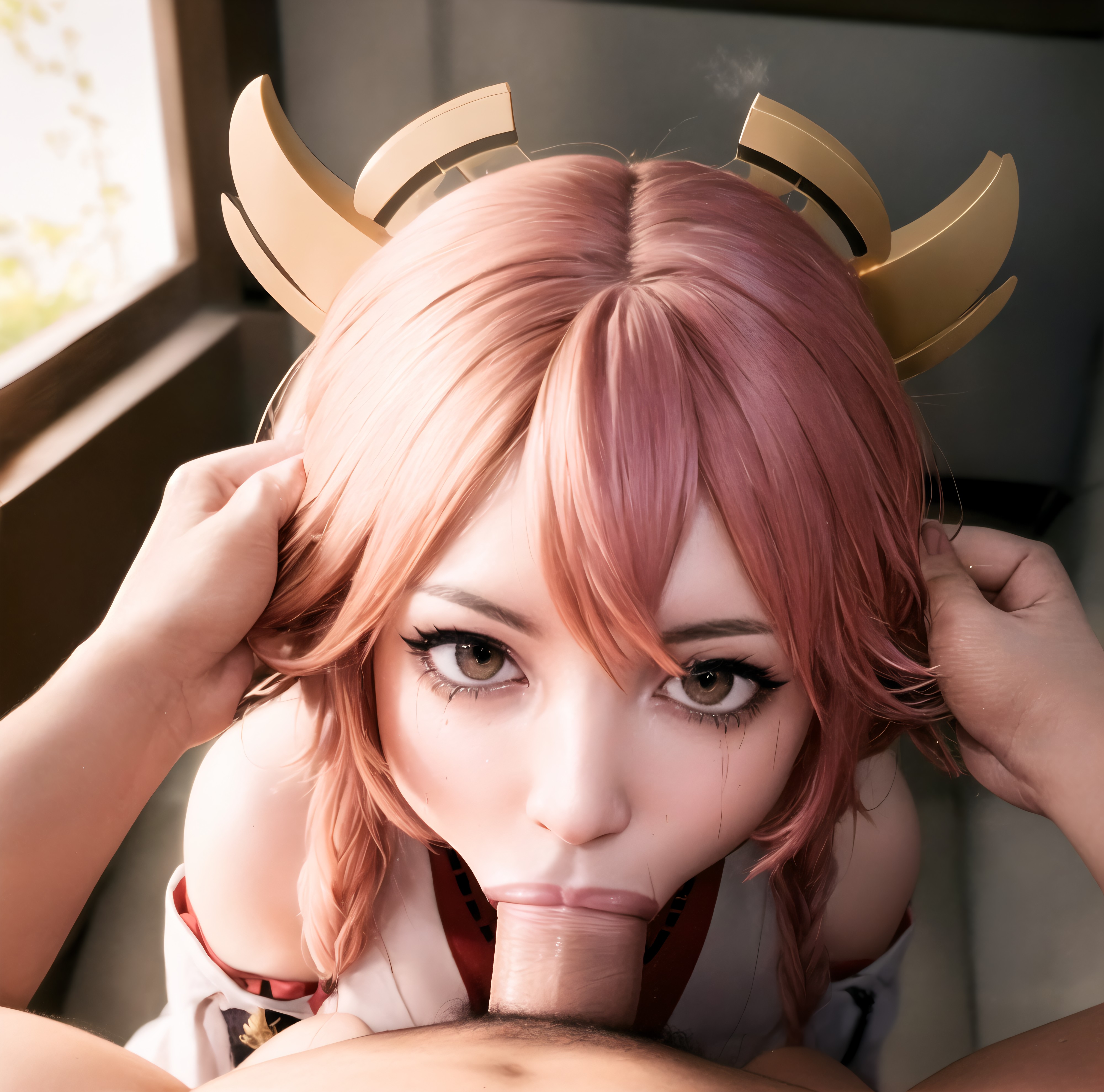 1boy, 1girls, ai generated, blowjob, brown eyes, cute, deep blowjob, deepthroat, female, fringe, genshin impact, hair ornament, head grab, innocent, kimono, light skin, light-skinned female, long hair, male, mascara tears, oral, pale skin, pale-skinned female, petite, pink hair, pov, pulling, pulling hair, purple eyes, slim, stable diffusion, tears, teenager, yae miko, young