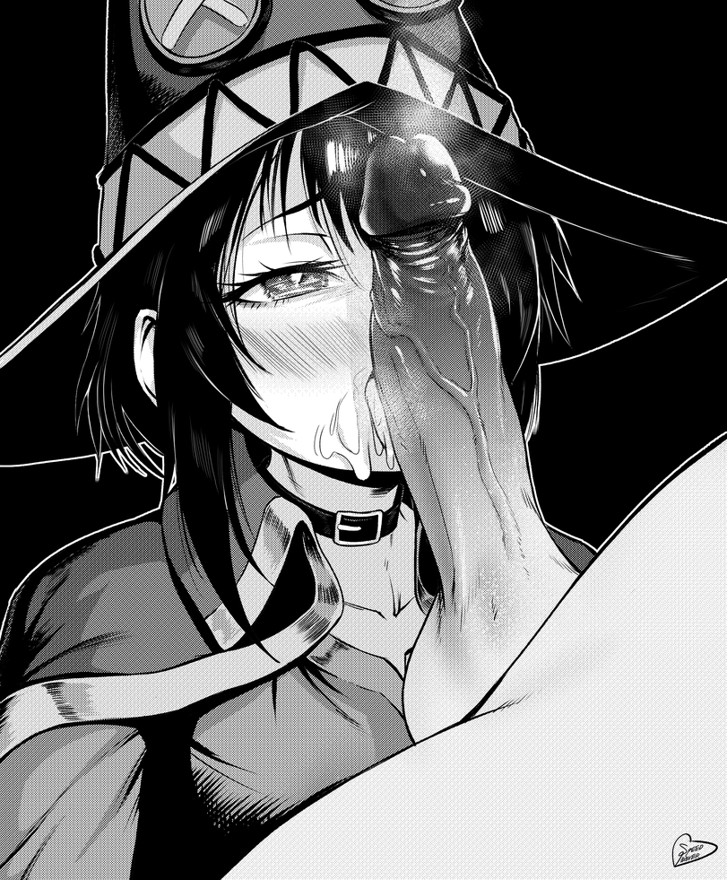 1boy, 1girls, blush, female, kono subarashii sekai ni shukufuku wo!, looking at penis, male, megumin, penis, sperm