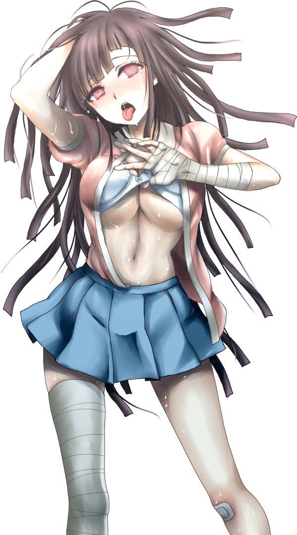 1girls, ahe gao, bandage, blue skirt, blush, bra, breasts, cute, danganronpa, danganronpa 2: goodbye despair, dark purple hair, dosugon, drooling, female, female only, fringe, hand on head, hime cut, large breasts, light skin, light-skinned female, long hair, looking at viewer, messy hair, mole under eye, open clothes, pale skin, pale-skinned female, petite, pink eyes, purple eyes, purple hair, seductive eyes, seductive look, seductive mouth, showing breasts, straight hair, super danganronpa 2, sweat, swirly eyes, teenager, thighs, tongue, tongue out, tsumiki mikan, underboob, white background, white bra
