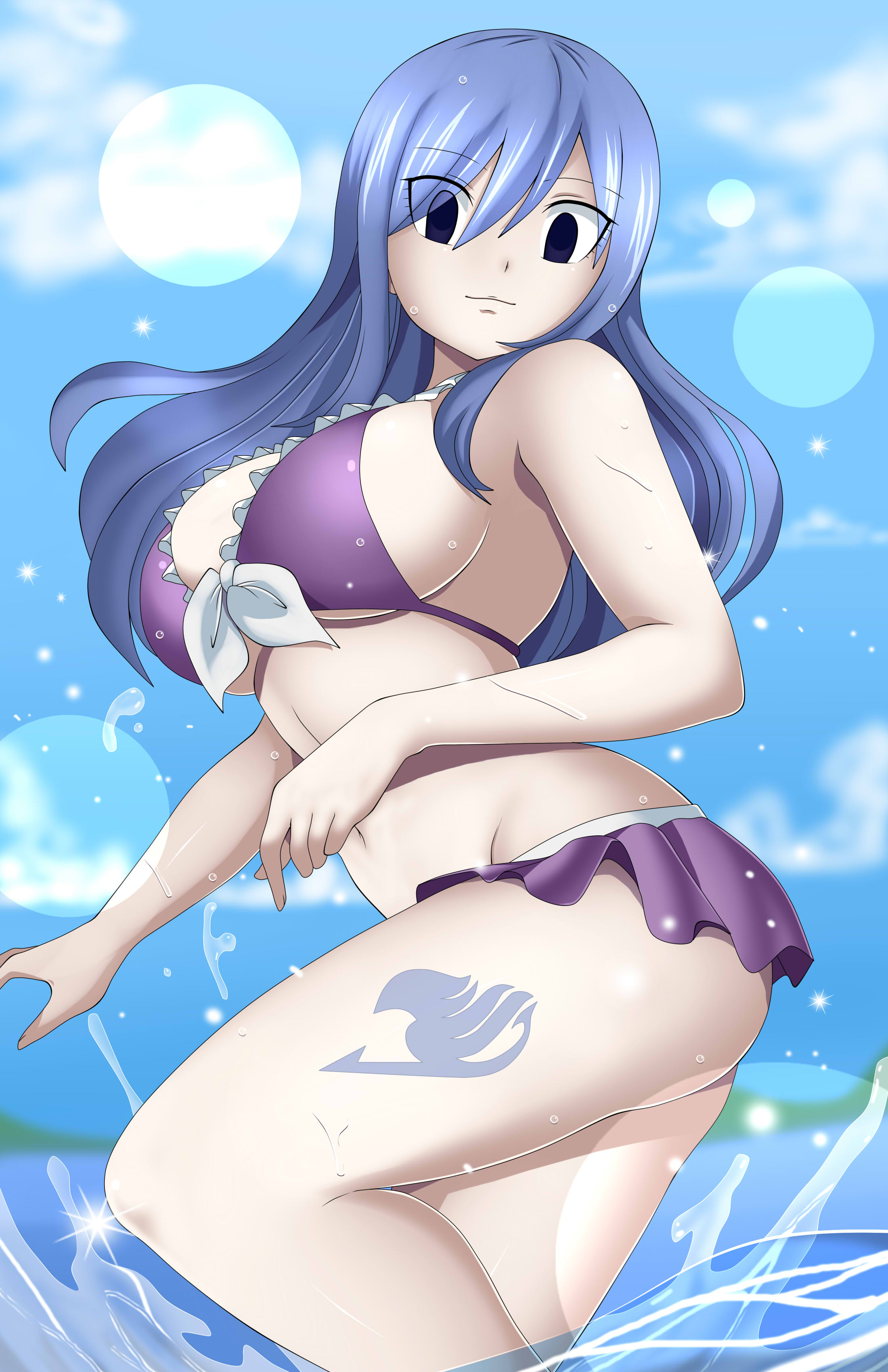 1girls, blue hair, blue tattoo, blue-haired female, dmayaichi, fairy tail, fairy tail mark, female, juvia lockser, leg tattoo, linea alba, swimsuit, tattoo, water