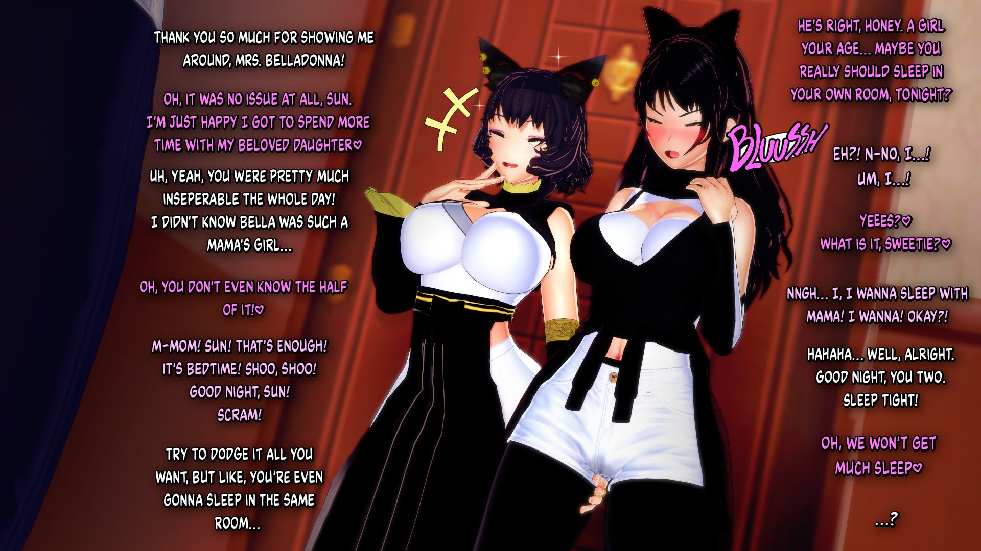 2girls, black hair, blake belladonna, blush, breasts, cat ears, english text, female, female only, incest, kali belladonna, mother and daughter, multiple females, multiple girls, rwby, sun wukong (rwby), tagme, v-kris, yuri