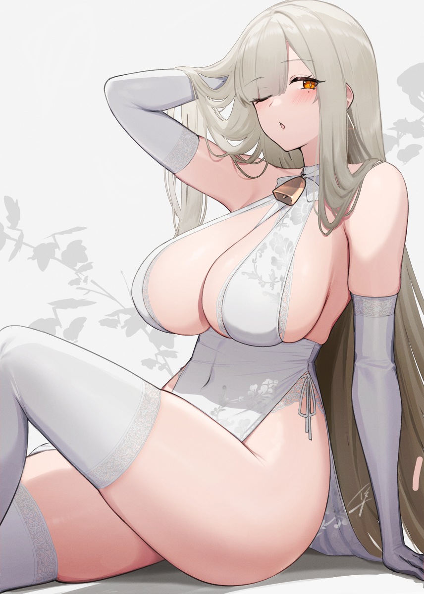 1girls bare_shoulders bell breasts classy-white-haired_girl_(hayabusa) eyelashes female female_only gloves hair_over_one_eye hayabusa huge_breasts leaning_back light-skinned_female light_skin long_hair midriff navel one_eye_closed orange_eyes original pale-skinned_female pale_skin revealing_clothes simple_background solo thighhighs white_hair