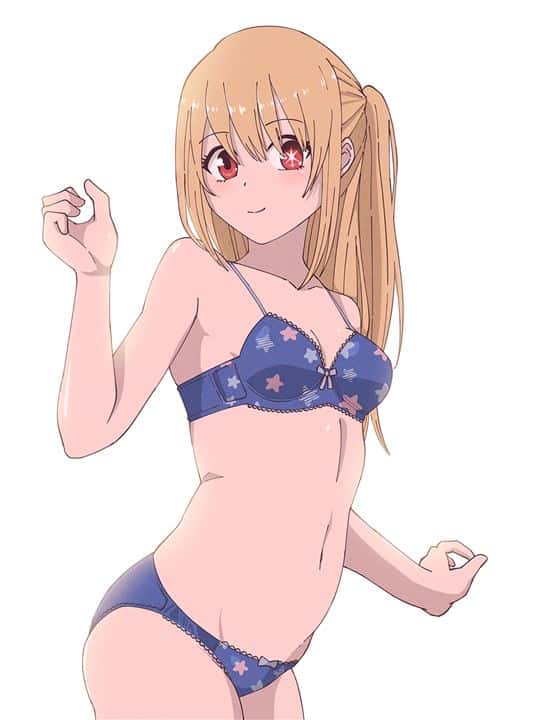 bikini blonde_hair blush clothed hoshino_ruby long_hair looking_at_viewer oshi_no_ko pink_eyes red_eyes solo_female star_eye star_eyes