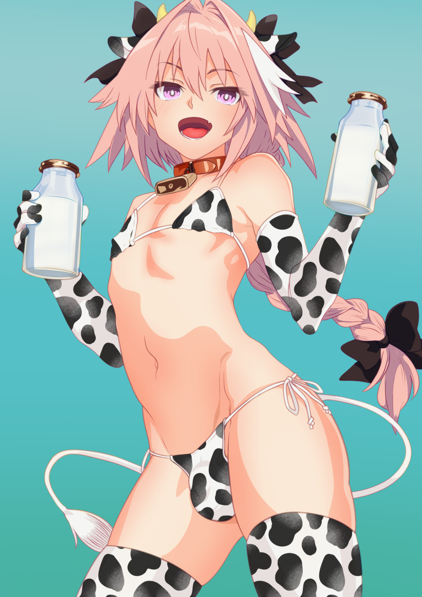 1boy, absurdres, animal ear hairband, animal ears, animal print, astolfo (fate), bell, bikini, black bow, bottle, bow, braid, bulge, cow ear hairband, cow ears, cow horns, cow print, cow print bikini, cow print gloves, cow print thighhighs, cow tail, crossdressing, crossdressing (mtf), elbow gloves, fake animal ears, fake horns, fate (series), fate/grand order, femboy, gloves, hair bow, hair intakes, hairband, highres, horns, kiyumoto7802, light-skinned male, long hair, male, male focus, male only, milk bottle, multicolored hair, navel, neck bell, open mouth, print bikini, print gloves, print thighhighs, purple eyes, side-tie bikini bottom, single braid, solo, streaked hair, swimsuit, tail, thighhighs, trap, very long hair, white streaks