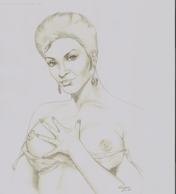 1990s 1995 1girls 20th_century areolae artist_request artist_signature big_breasts bra breasts breasts_out collarbone earrings female female_only human looking_at_viewer monochrome nichelle_nichols nipples no_visible_genitalia nyota_uhura portrait solo star_trek