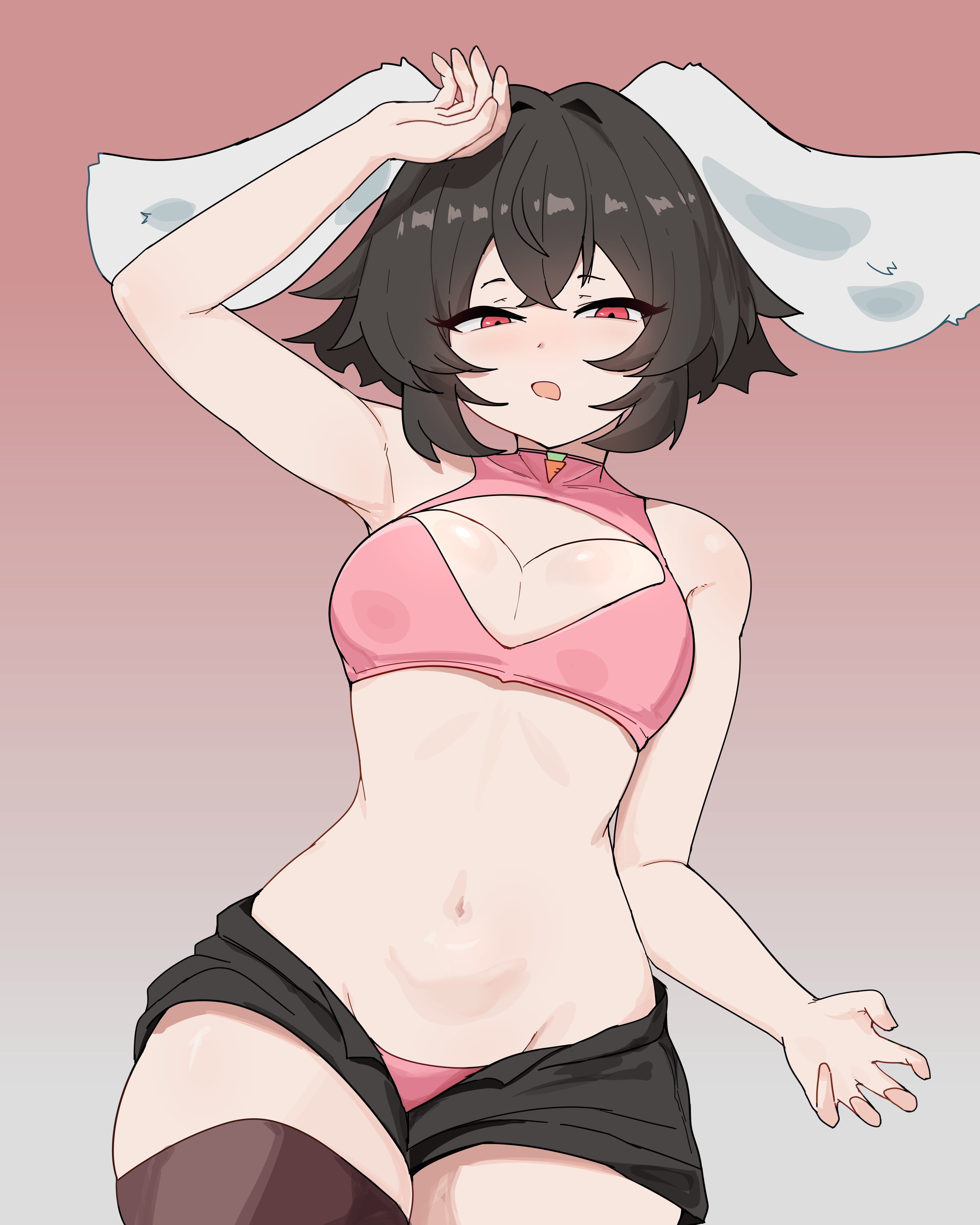 blush, cleavage, inaba tewi, large breasts, pink bra, sports bra, tewi inaba, thighs, touhou
