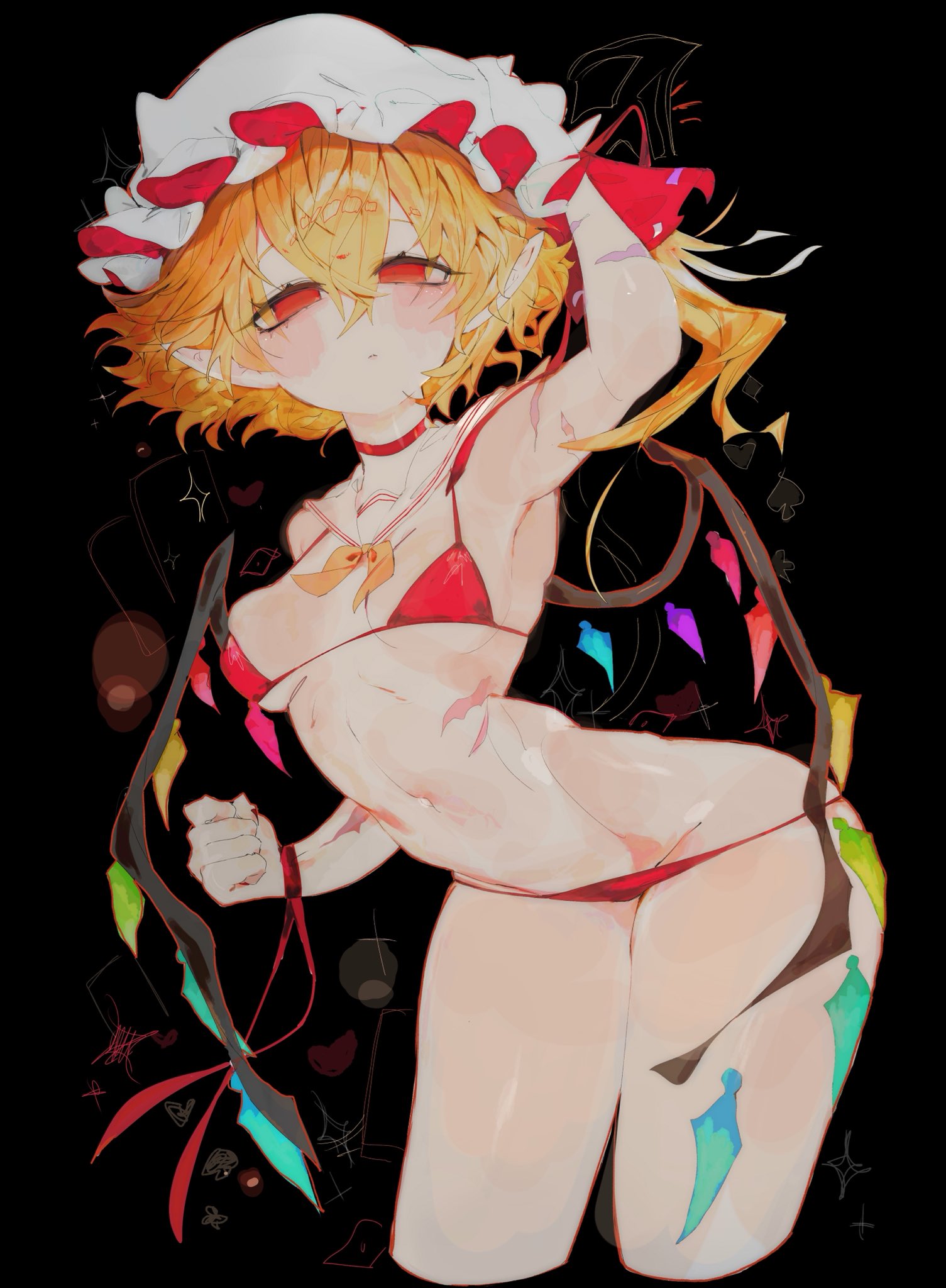 2026, arm behind head, armpit, bikini, clenched hand, curvy, dot mouth, flandre scarlet, micro bikini, red bikini, small breasts, thick thighs, touhou, usa37107692, voluptuous, wide hips