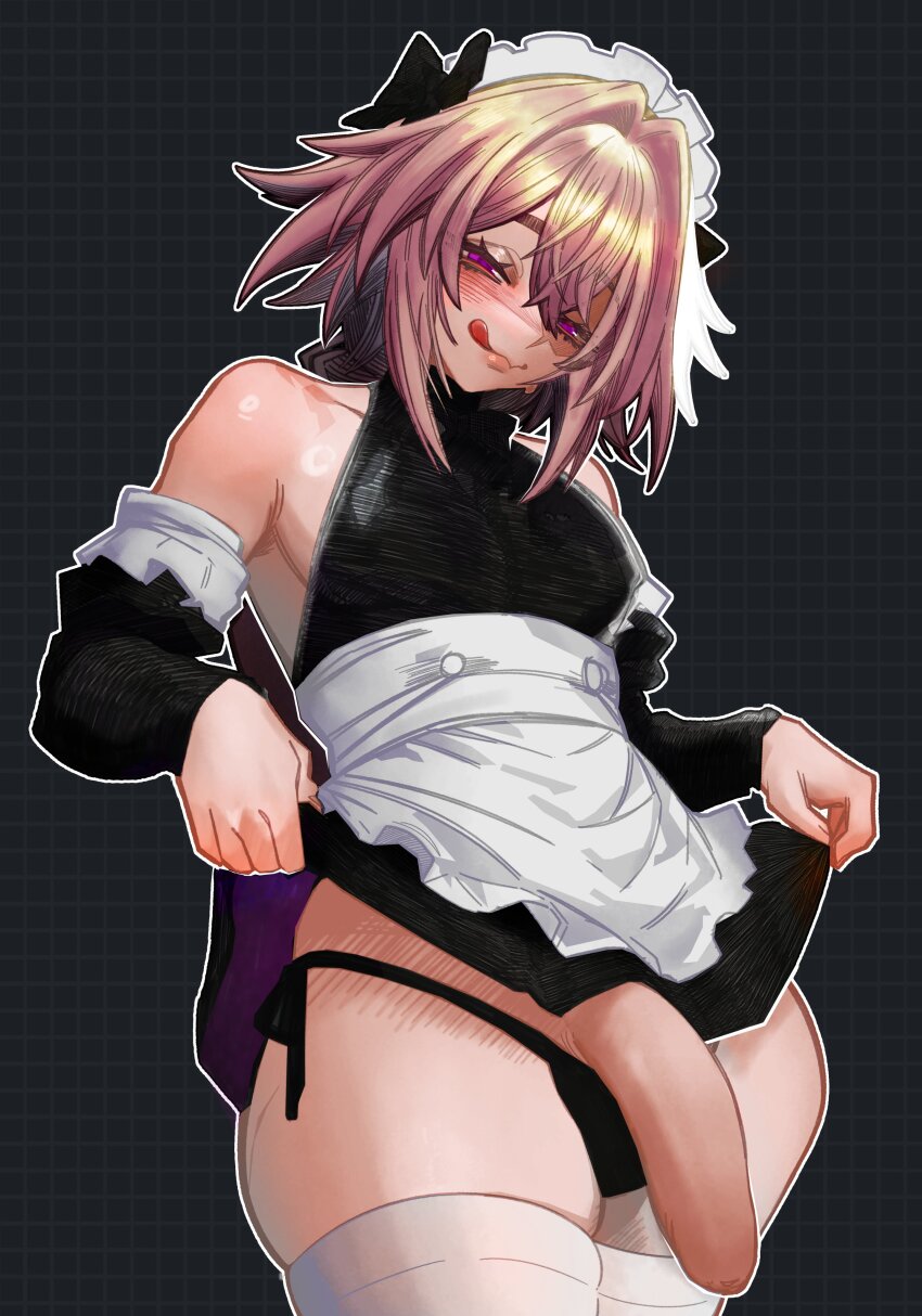 1boy, absurdres, androgynous, astolfo (fate), big ass, big butt, big cock, big penis, black panties, blush, braid, clothes lift, double-parted bangs, fang, fate (series), fate/apocrypha, femboy, foreskin, hair between eyes, hair intakes, highres, hyacihyaci, large ass, large butt, large cock, large penis, licking lips, light-skinned male, long hair, maid, maid headdress, male, male only, panties, penis, purple eyes, seductive smile, single braid, skin fang, skirt, skirt lift, smile, solo, thick thighs, thighhighs, thighs, tongue, tongue out, trap, uncircumcised, uncircumcised penis, uncut, underwear, unretracted foreskin, white thighhighs