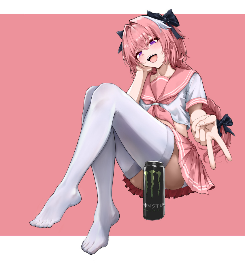1boy, absurdres, astolfo (fate), astolfo (sailor paladin) (fate), black bow, bow, braid, can, convenient censoring, crop top, energy drink, fate (series), fate/grand order, femboy, hair bow, hair intakes, highres, light-skinned male, long hair, looking at viewer, male, male focus, male only, miniskirt, monster energy, multicolored hair, neckerchief, official alternate costume, open mouth, panties, pink hair, pink neckerchief, pink sailor collar, pink skirt, pleated skirt, purple eyes, sailor collar, school uniform, serafuku, short sleeves, single braid, sitting, skirt, smile, soda can, solo, streaked hair, teeth, thighhighs, trap, underwear, upper teeth only, very long braid, white panties, white streaks, white thighhighs