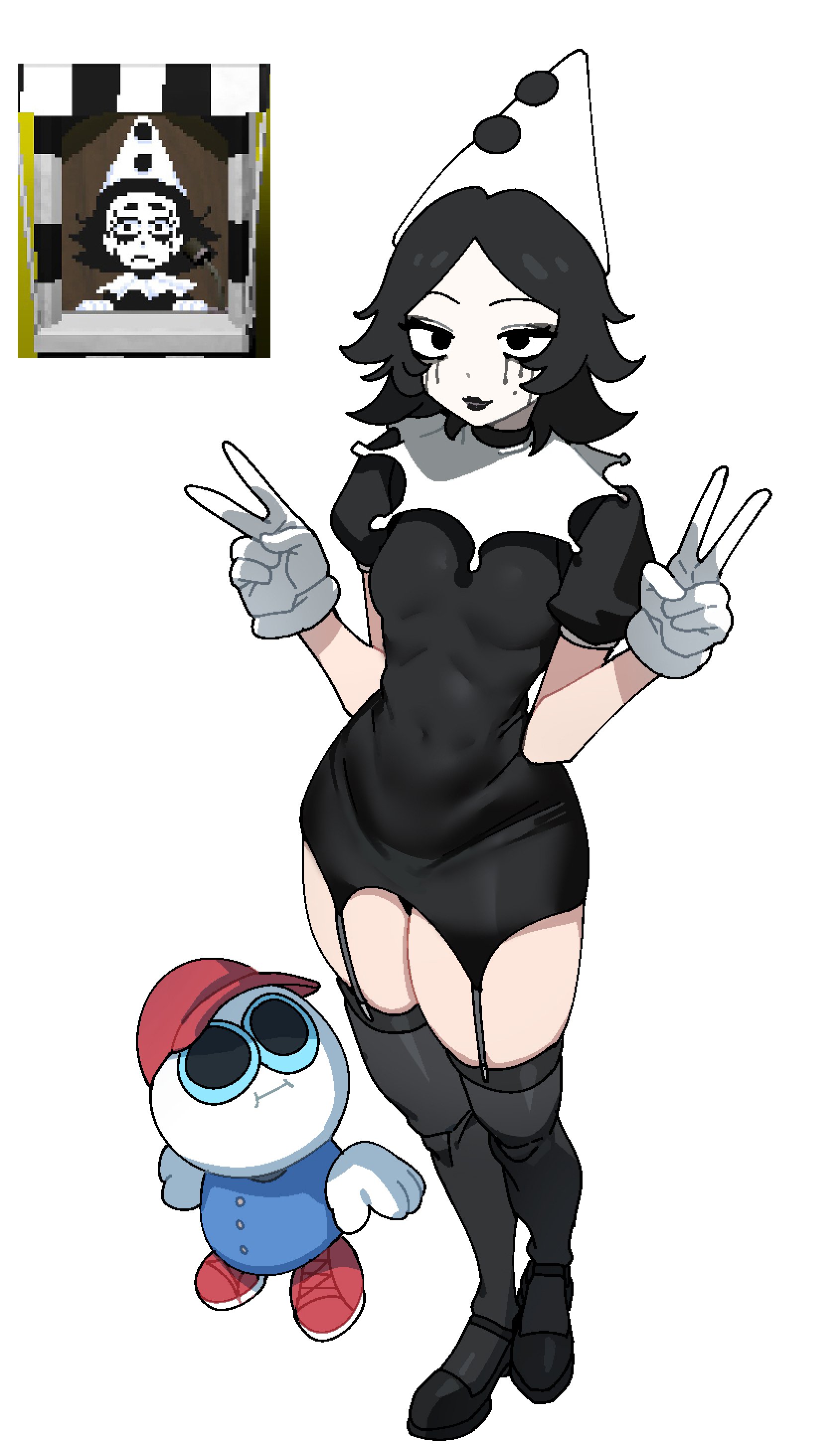1girls, black hair, breasts, clothed, clothed female, clothing, clown, clown girl, endacopia, facepaint, garter straps, goth, goth girl, jin rou, mellow (endacopia), peace sign, reference image, small breasts, thighhighs, thighs, ticketa