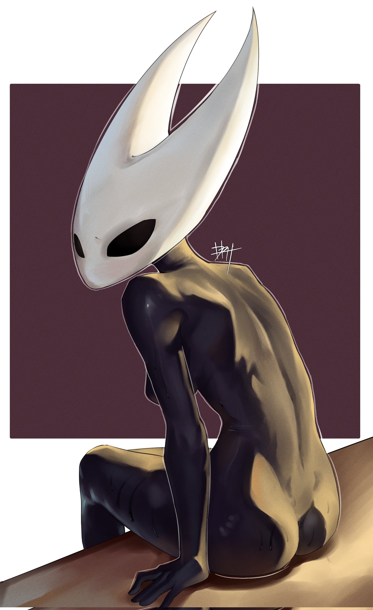 1girls, 2026, 2d, 2d (artwork), anthro, arachnid, arachnid humanoid, arthropod, arthropod humanoid, artist signature, ass, back view, black body, black skin, bug, bug girl, completely naked, completely naked female, completely nude, completely nude female, digital drawing (artwork), digital media (artwork), drt l0l, female, female only, hollow knight, hollow knight (franchise), hollow knight: silksong, hornet (hollow knight), humanoid, insect, insectoid, insectoid female, looking at viewer, looking back, looking back at viewer, naked, naked female, nude, nude female, shaded, silksong, simple background, sitting, solo, solo female, team cherry