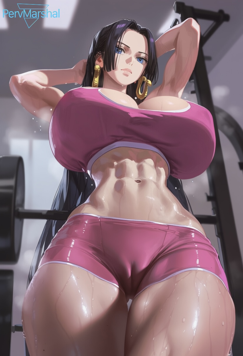 1girls abs ai_generated big_breasts boa_hancock cameltoe female female_only gym indoors marshalperv muscular one_piece pervmarshal pink_clothing shiny_skin solo_female spandex thick_thighs