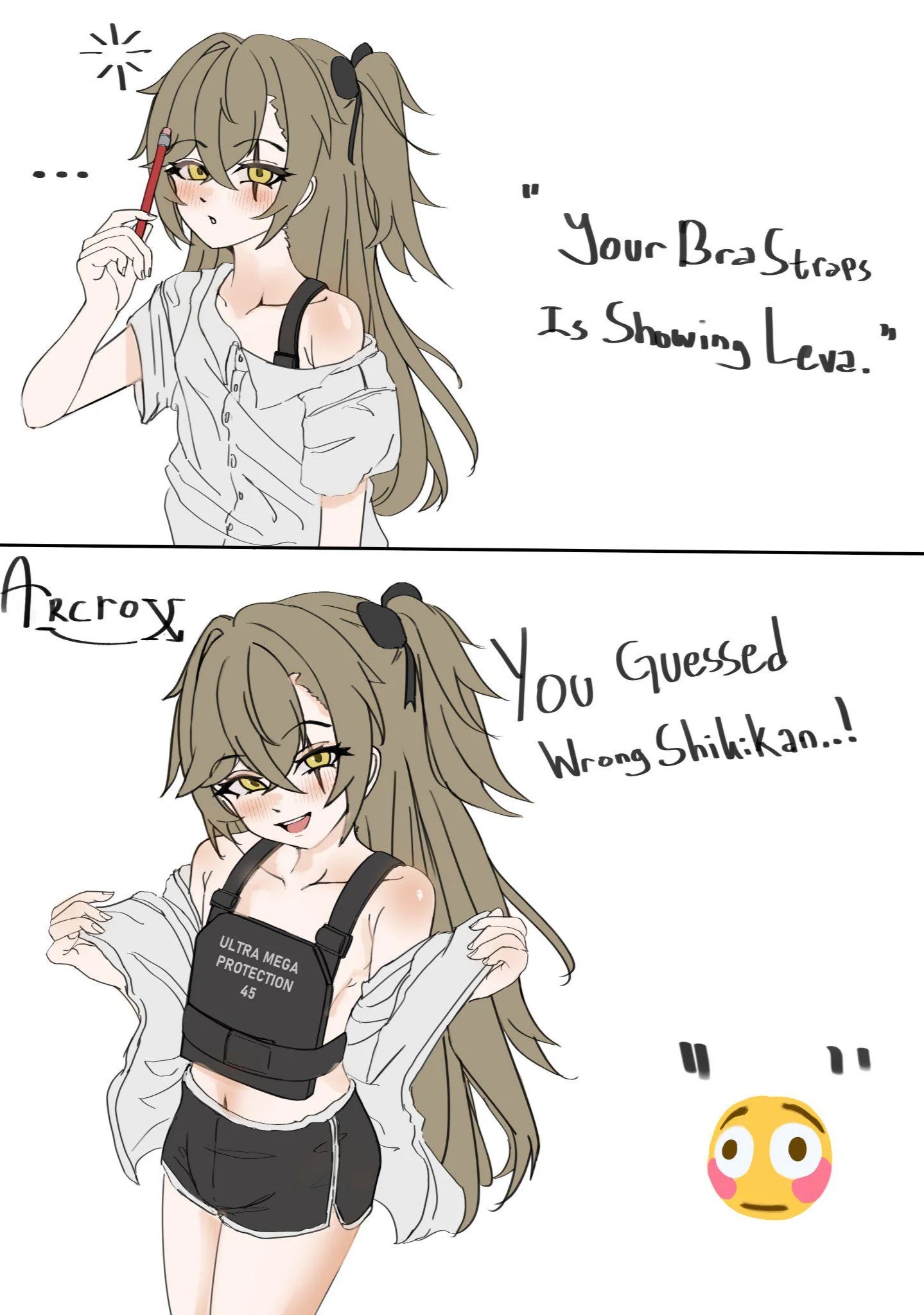 1girl, arcrox, bra strap is showing (meme), bulletproof vest, girls' frontline, girls' frontline 2: exilium, higher resolution at source, higher resolution available, leva (girls' frontline 2), long hair, lowres, meme, ump45 (girls' frontline), undressed