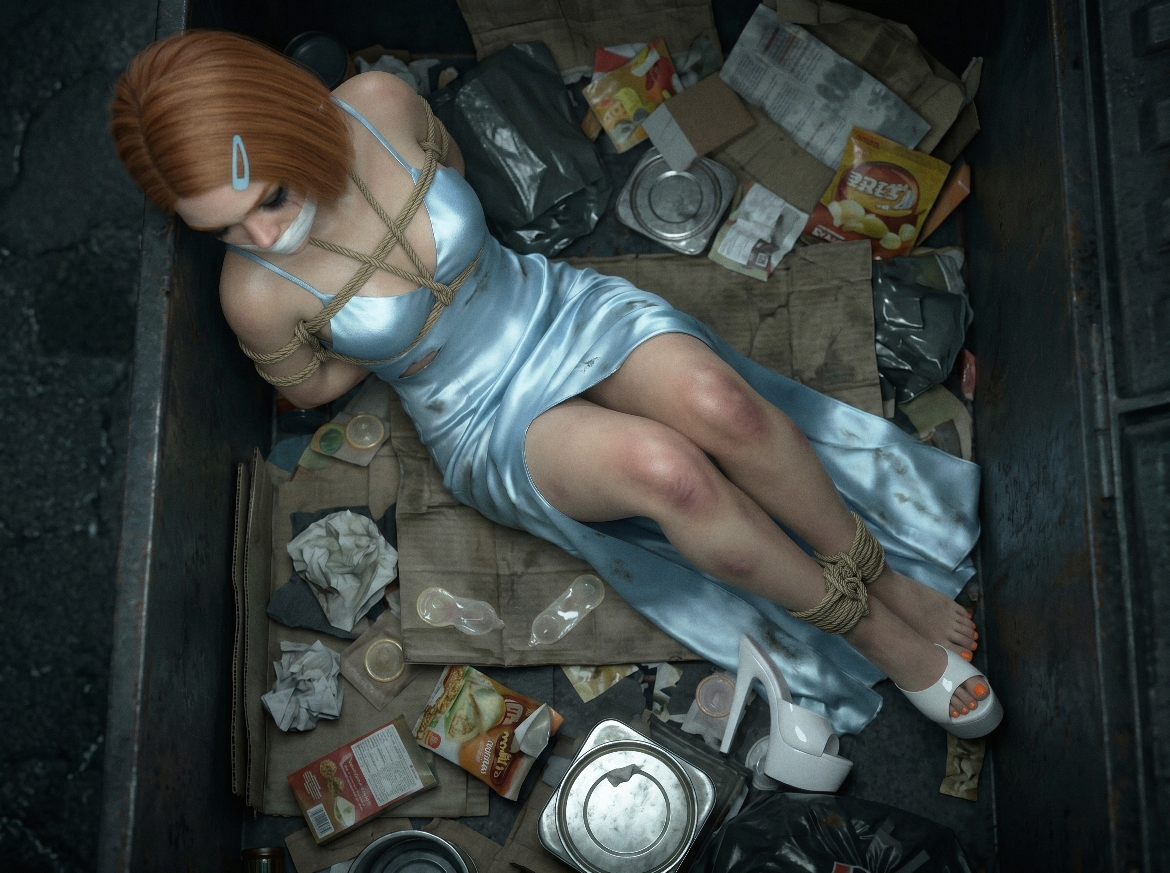 1girls, abducted, ai assisted, ai generated, alleyway, arms behind back, bad end, bad ending, beaten, ben 10, bondage, breasts, bruises, bukkake, captive, captured, captured heroine, cartoon network, condoms, corpse, cum, cum on clothes, cumdump, cumdumpster, dead, death, defeated, defeated heroine, discarded, disposed, dress, dumpster, erotic, eyeliner, feet fetish, female, female death, female focus, female only, fetish, filled with cum, foot fetish, forced, garbage, ginger, ginger female, ginger hair, guro, gwen tennyson, gwen tennyson (classic), hairclip, heels, helpless, high heels, hostage, humiliation, kidnapped, kinky, lifeless, limp body, makeup, microfoam, microfoam tape, orange hair, orange toenail polish, orange toenails, painted toenails, peril, petite, petite body, petite female, restrained, rope, rope bondage, ropes, ryona, semen, sexy, shibari, shibari over clothes, short hair, small breasts, snuff, sperm, straightened hair, tagme, tape gag, tape gagged, taped mouth, teen, teen girl, teenage girl, teenager, toenail polish, torn clothing, trash, used condoms, violence, vulnerable, younger female