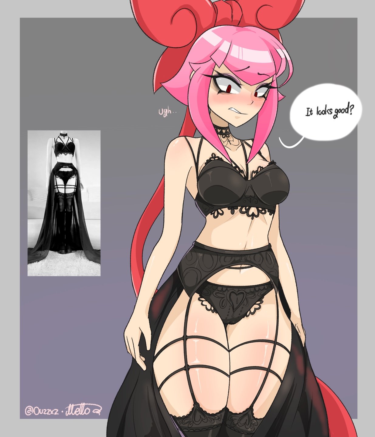 bestankk, blush, brawl stars, collar, eyeshadow, female, female only, lace, lace trim, lace-trimmed bra, lace-trimmed panties, lace-trimmed thighhighs, melodie (brawl stars), ouzzxz, solo, solo female, solo focus, supercell, thick thighs, thighhighs, thighs
