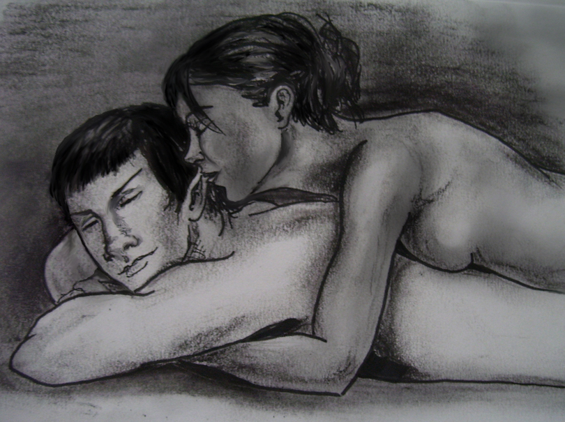 alien breasts_on_back couple cuddling dark_skin duo female human humanoid interspecies lying male monochrome nude nyota_uhura on_stomach pointy_ears spock star_trek star_trek_(2009) vulcan_(species)