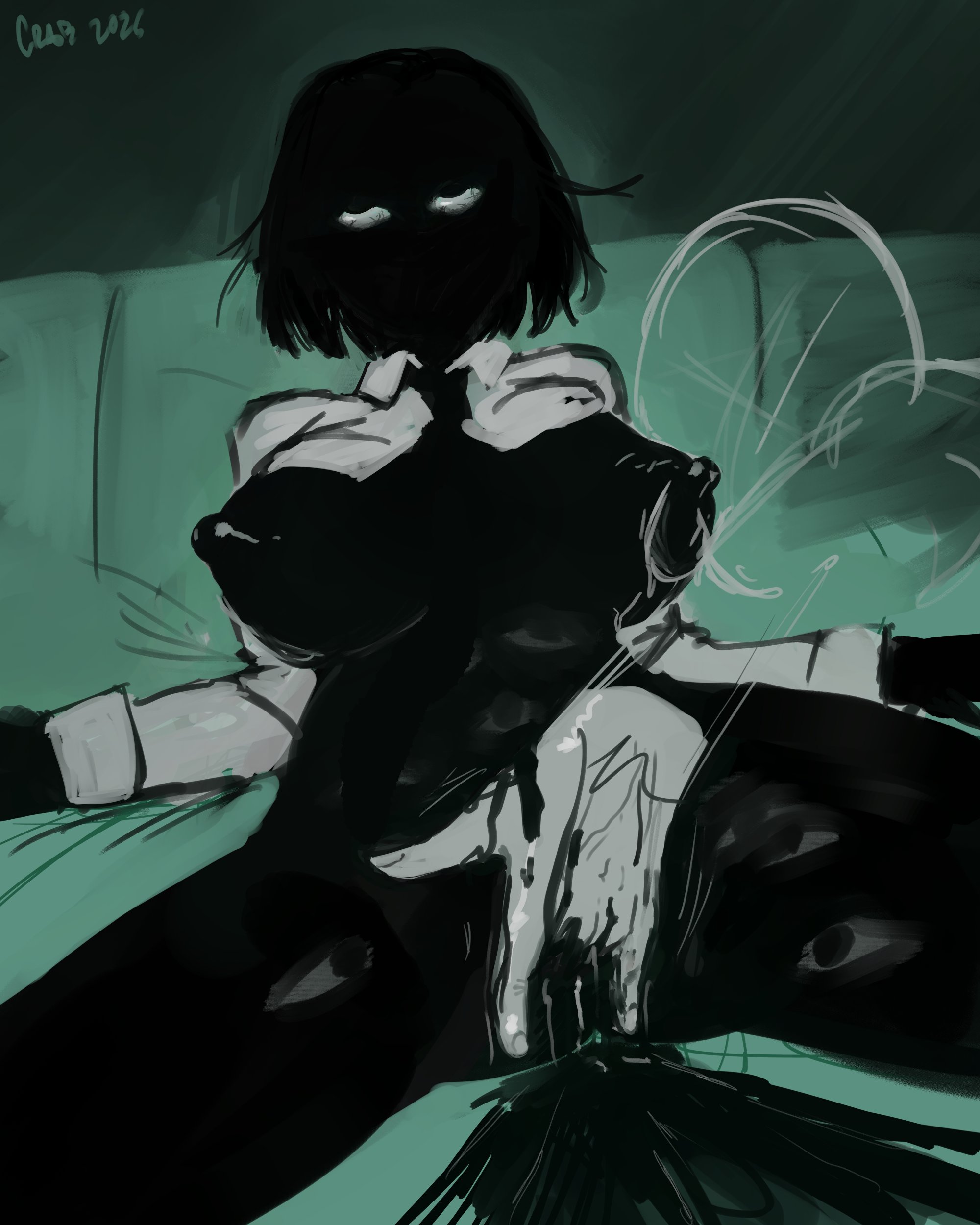 1boy, 1girls, big breasts, black body, breasts, cum, cumming, entity, eyes, fingering, male/female, monster, monster girl, nate hand gesture, nipples, nsfcrab, tagme, thick thighs, thighs, void