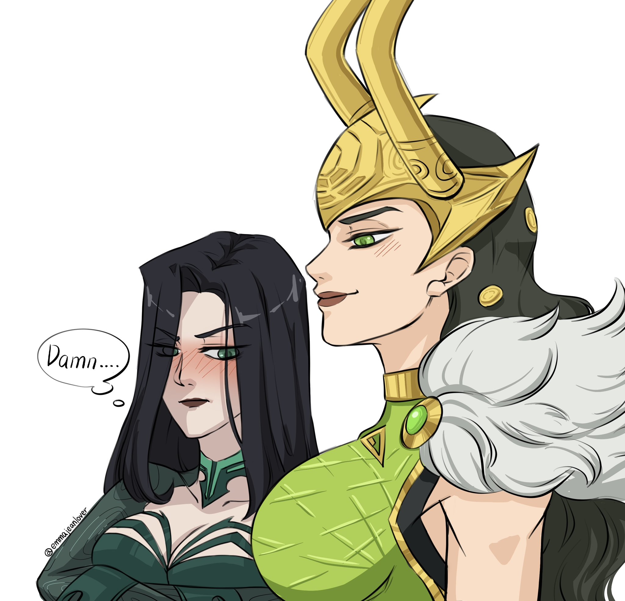 2d, asgardian, big breasts, black hair, black hair female, blush, blush lines, blushing, blushing female, breast envy, breast size difference, breasts, daughter, girl staring at guy's chest, hela, hela (marvel rivals), huge breasts, jealous, jealous daughter, jealous female, lady loki, lady loki (marvel rivals), large breasts, light skin, light skinned female, loki (marvel rivals), loki (marvel), long hair, looking at breasts, marvel, marvel rivals, mother, mother and daughter, size difference, spicycheese, staring, staring at breasts, taller female, thor (series), twitter link