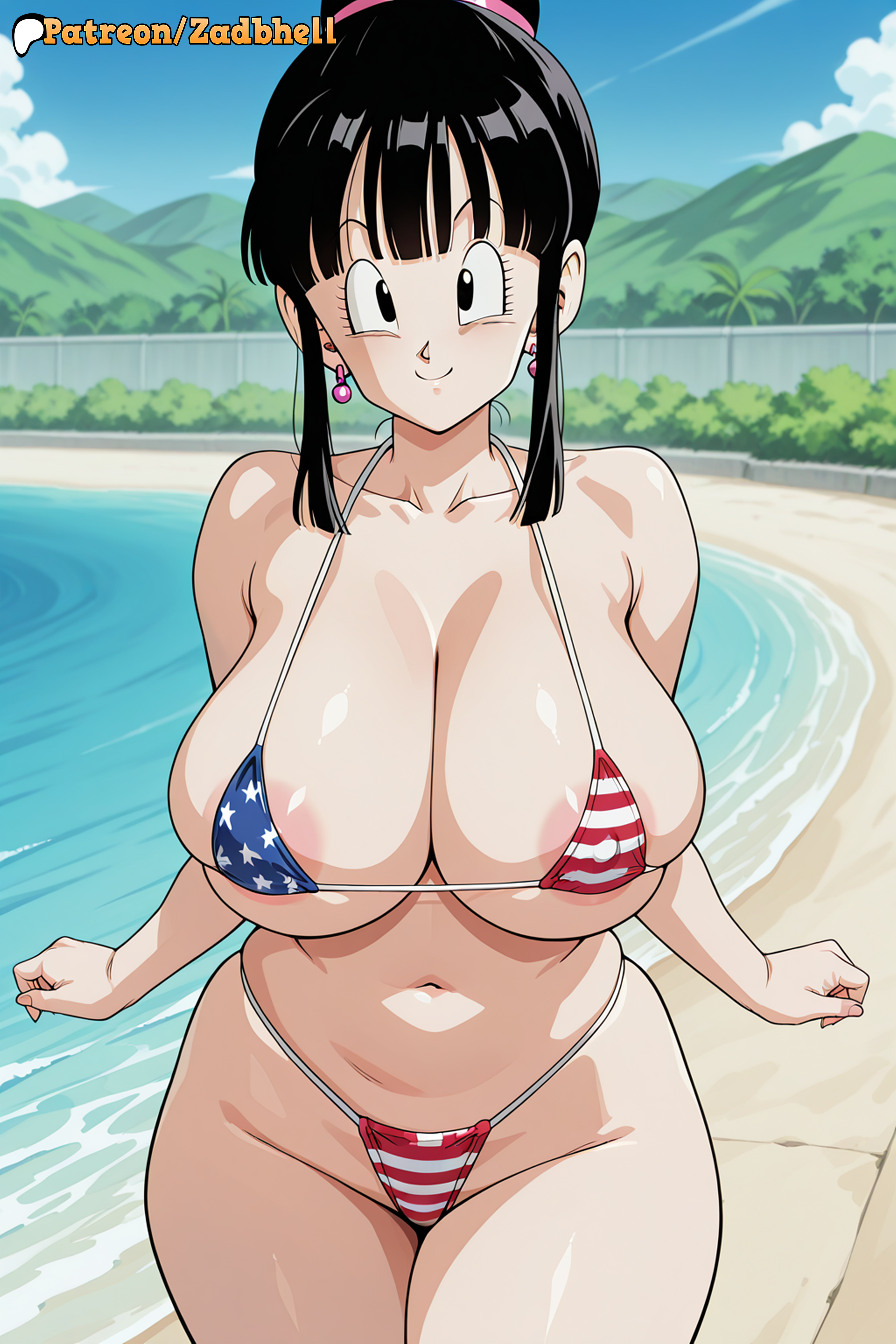 1girls, ai generated, ass, ass focus, black hair, blush, breasts, cameltoe, chichi, curvy, curvy figure, dragon, dragon ball, dragon ball super, dragon ball z, female, female only, grin, huge ass, huge breasts, light skin, light-skinned female, long hair, mature female, milf, mother, outdoors, smile, sweat, thong, zadbhell