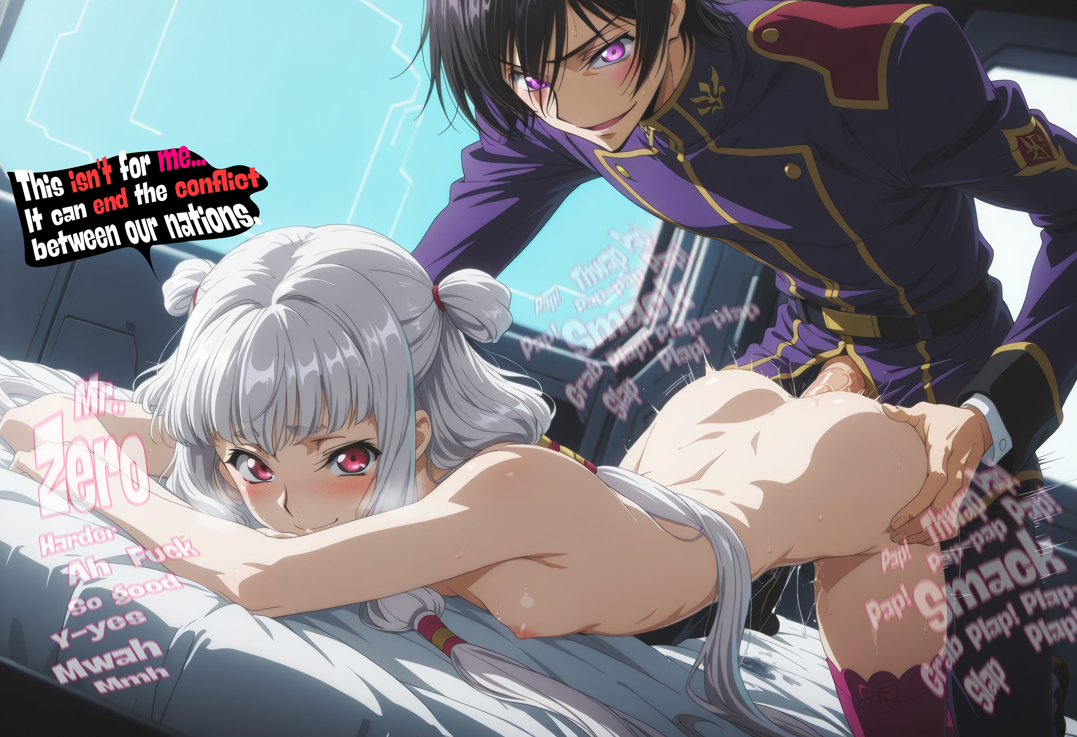 1boy, 1girls, abs, aged up, ai generated, anime style, ass, ass grab, ass up, black hair, blush, cheating, cheating female, cheating girlfriend, clothed male nude female, code geass, cuckold, cuckold pov, cuckolding, cum, cumming, cumming while penetrating, english text, evil grin, evil smile, female, hard sex, heart-shaped butt, hi res, highres, hip, hips grab, huge cock, jiang lihua, lelouch lamperouge, looking at viewer, male, maroon eyes, medium ass, motion blur, motion lines, naked female, netorare, ntrkage, nude, nude female, nude female clothed male, older male, older male and younger female, older penetrating younger, perky breasts, petite, petite body, petite breasts, plap (sound), plapping, plapping butt, pov, pov eye contact, prone bone, purple eyes, pushing, pussy juice, pussy juice drip, rough sex, sex, sex from behind, slim waist, smacking ass, small breasts, smile, sound effects, thick penis, thighhighs, thighs, tianzi, twintails, uniform, vagina, vaginal penetration, vaginal sex, veiny penis, very small breasts, white hair, white-haired female, young, younger female