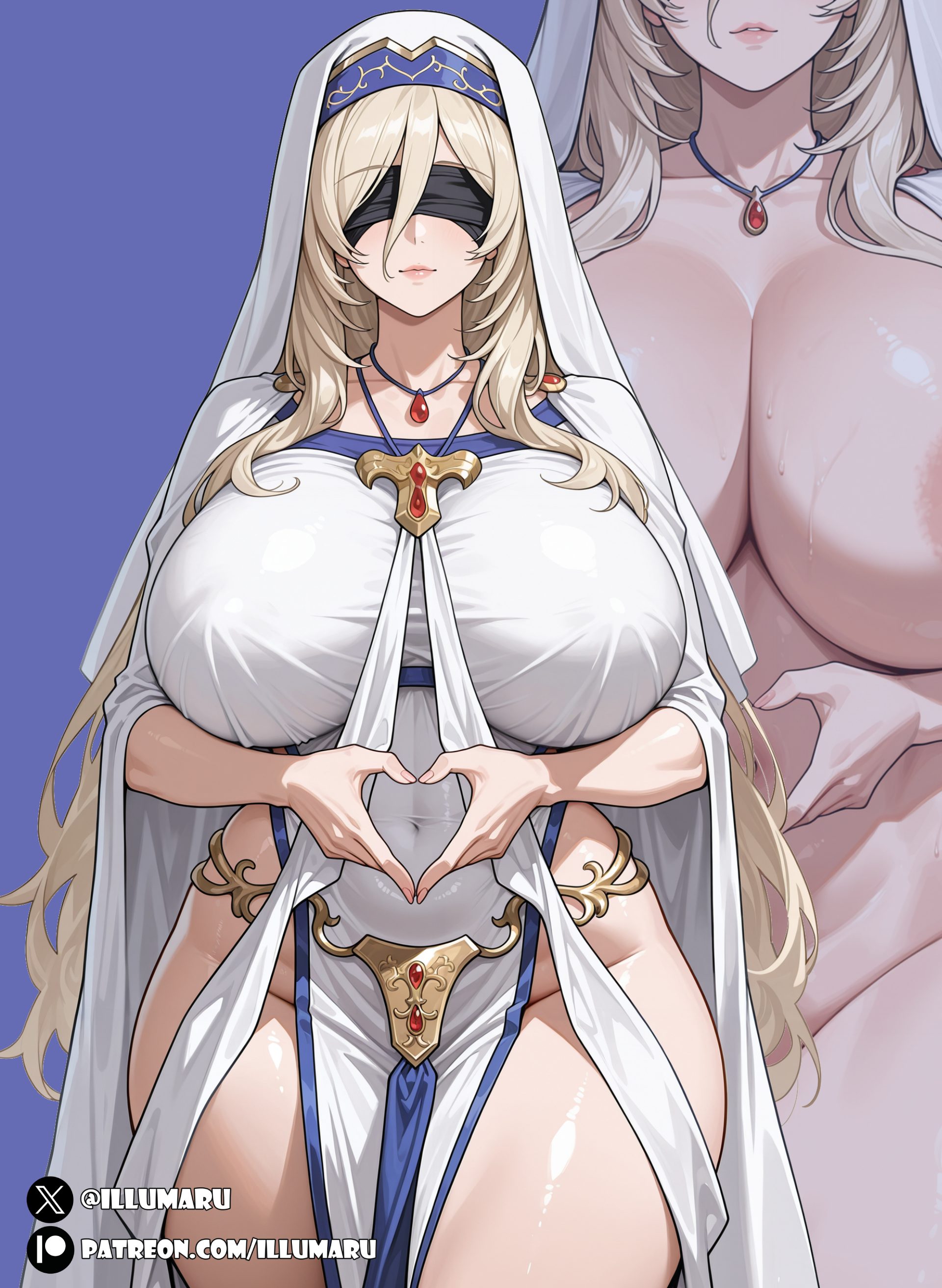 2026, ai generated, bare shoulders, black blindfold, blindfold, blonde hair, breasts, cleavage, covered eyes, curvaceous, curvy, curvy body, curvy female, curvy figure, detailed, dress, eyepatch, facing viewer, female, female only, goblin slayer, heart symbol, hi res, high quality, high resolution, holding, huge breasts, illumaru, indoors, jewelry, large breasts, long hair, long sleeves, necklace, nun, nun outfit, patreon, patreon username, pelvic curtain, ribbon, seductive, sexy, simple background, smile, solo, stable diffusion, standing, strapless, strapless dress, sword maiden (goblin slayer), thick thighs, uncensored, voluptuous, voluptuous female, watermark, white dress, wide hips