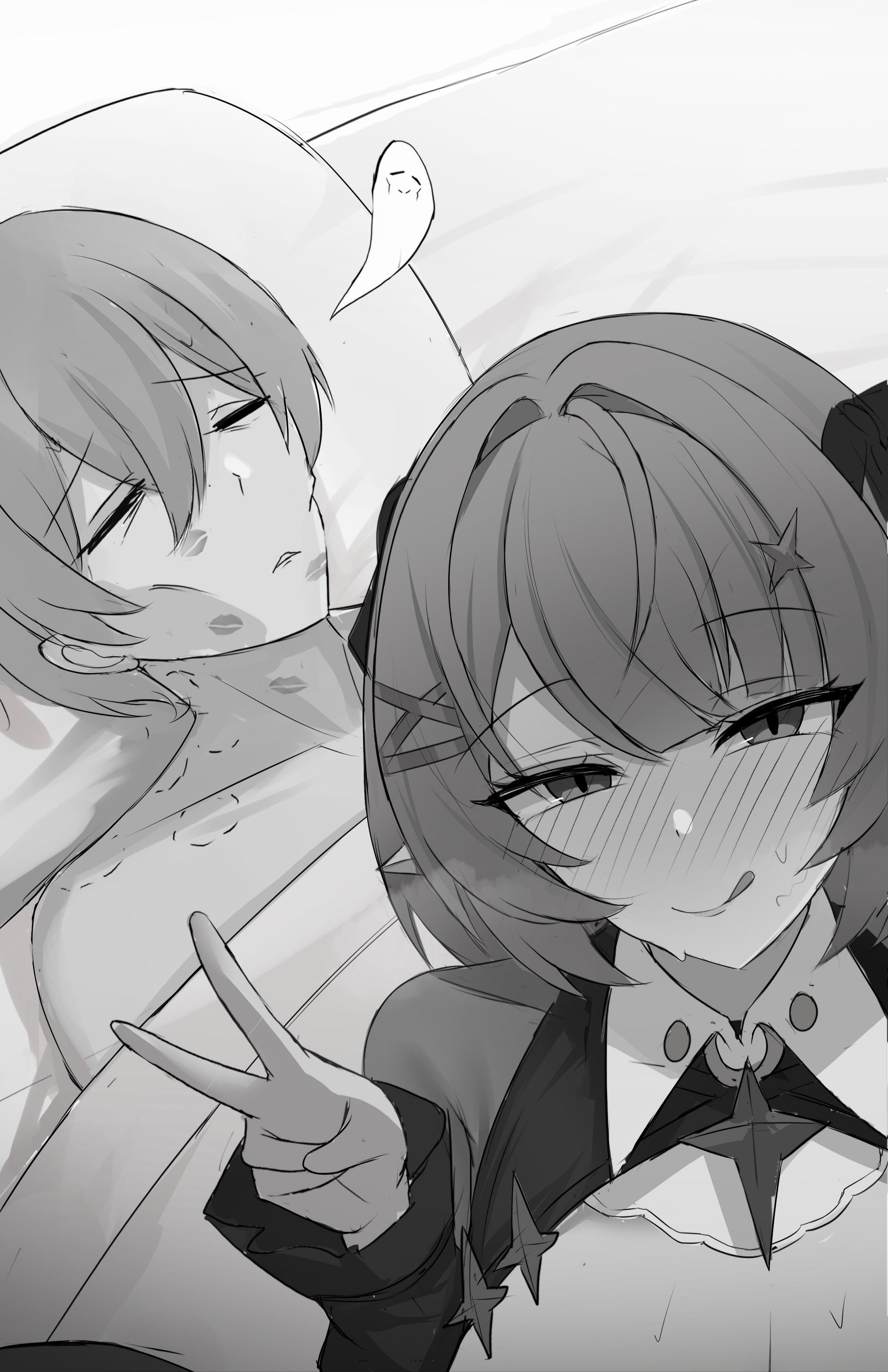 1boy, 1girl, after sex, exhausted, guy tired after sex (meme), implied after sex, kiss marks, remielle (zenless zone zero), remielle dan, remielle dan (moonlight whispers), selfie, short hair, tired, v, v sign, wise (zenless zone zero), zenless zone zero