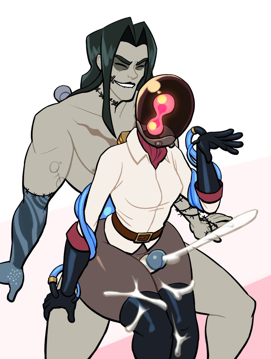 1boy, 1girls, black fur, black skin, completely nude male, cum, cum on thighs, deadlock, frankenstein's monster, grey body, lovetopullmicke, masked female, o face, pantless, paradox (deadlock), stockings, tagme, thigh sex, victor (deadlock)