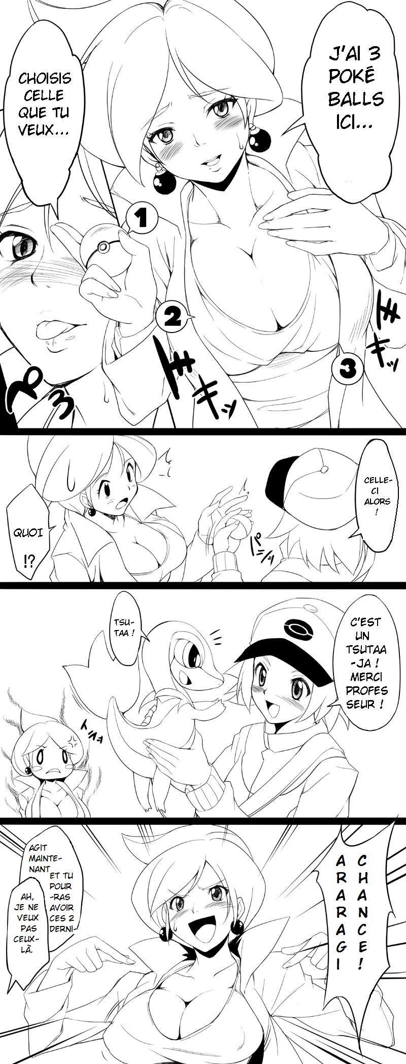 1boy 1girls aurea_juniper breasts endou_masatoshi female french_text hilbert_(pokemon) humor monochrome nintendo offering pokemon pokemon_(species) pokemon_bw pokemon_professor presenting_breasts rejection sexually_suggestive snivy text translation_request