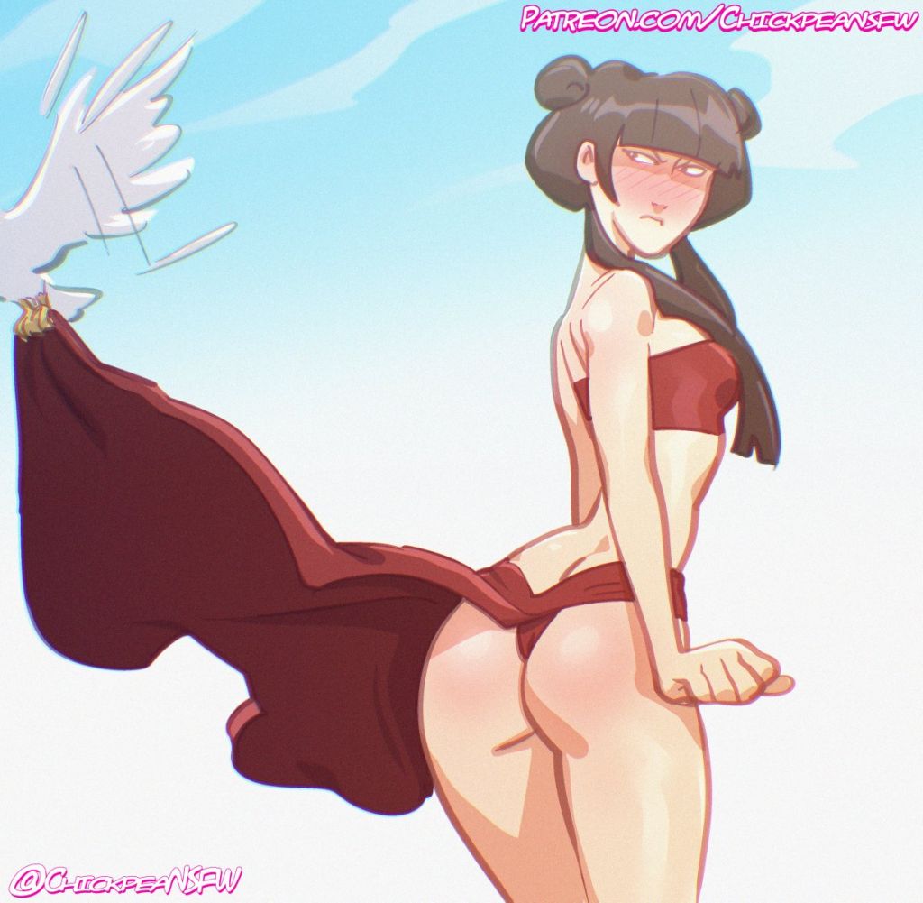 1girls, 2025, avatar the last airbender, beachwear, bird, blue background, chickpea, digital drawing (artwork), embarrassed female, exposed ass, female, female focus, female only, goth, goth girl, gothic, gradient background, limited palette, looking back, mai (avatar), nickelodeon, simple background, solo, solo female, solo focus, swimsuit