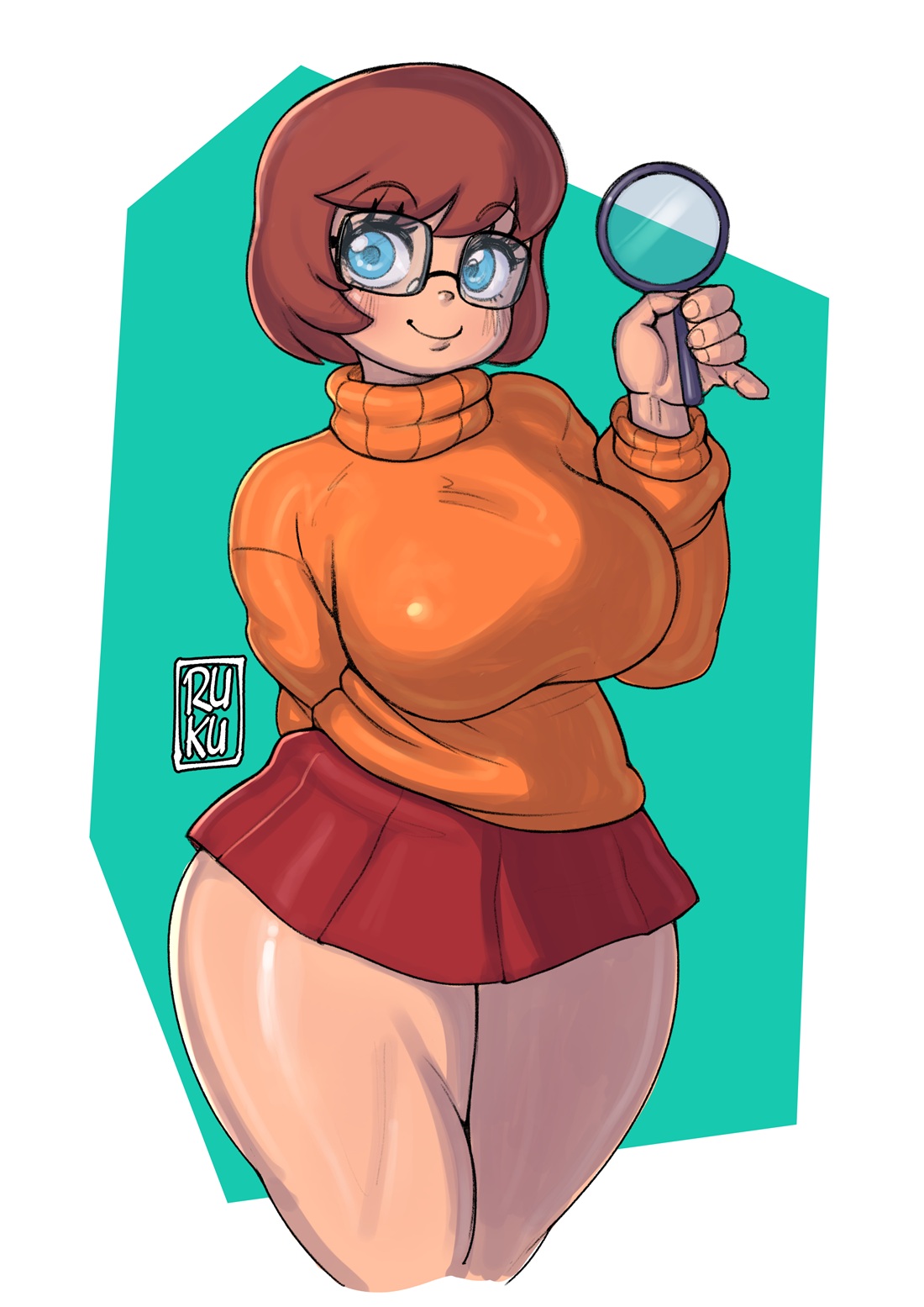 1girls, big breasts, blue eyes, bottomwear, breasts, brown hair, cartoon network, clothing, eyewear, female, female only, glasses, hair, large breasts, magnifying glass, orange sweater, red skirt, scooby-doo, short hair, skirt, solo, solo female, thighs, topwear, velma dinkley