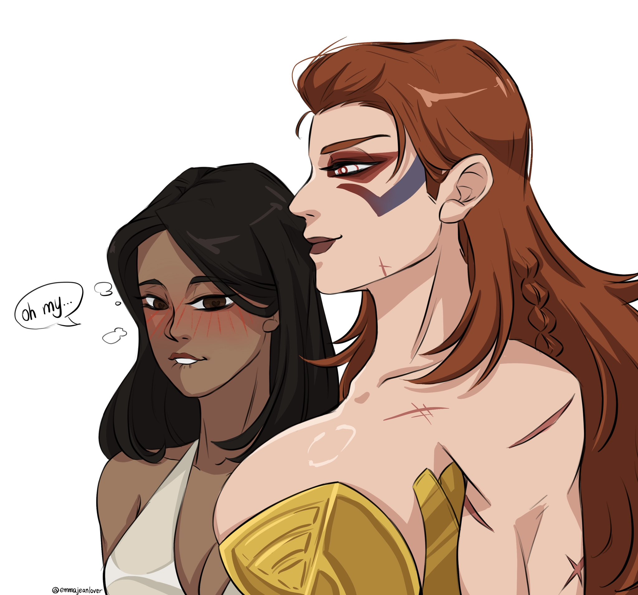 2d, 2girls, angela (aldrif odinsdottir), big breasts, biting lip, biting own lip, blush, blushing, blushing female, breasts, brown skin, brown skinned female, dark skin, dark skinned female, flustered, flustered female, getting horny, girl staring at guy's chest, horny, horny female, huge breasts, large breasts, lesbian, lesbian couple, lesbians, light skin, light skinned female, looking at breasts, looking at partner, marvel, marvel comics, marvel rivals, sapphic, scar, scars, sera (marvel), spicycheese, staring, staring at breasts, thor (series), turned on, twitter link, yearning, yuri