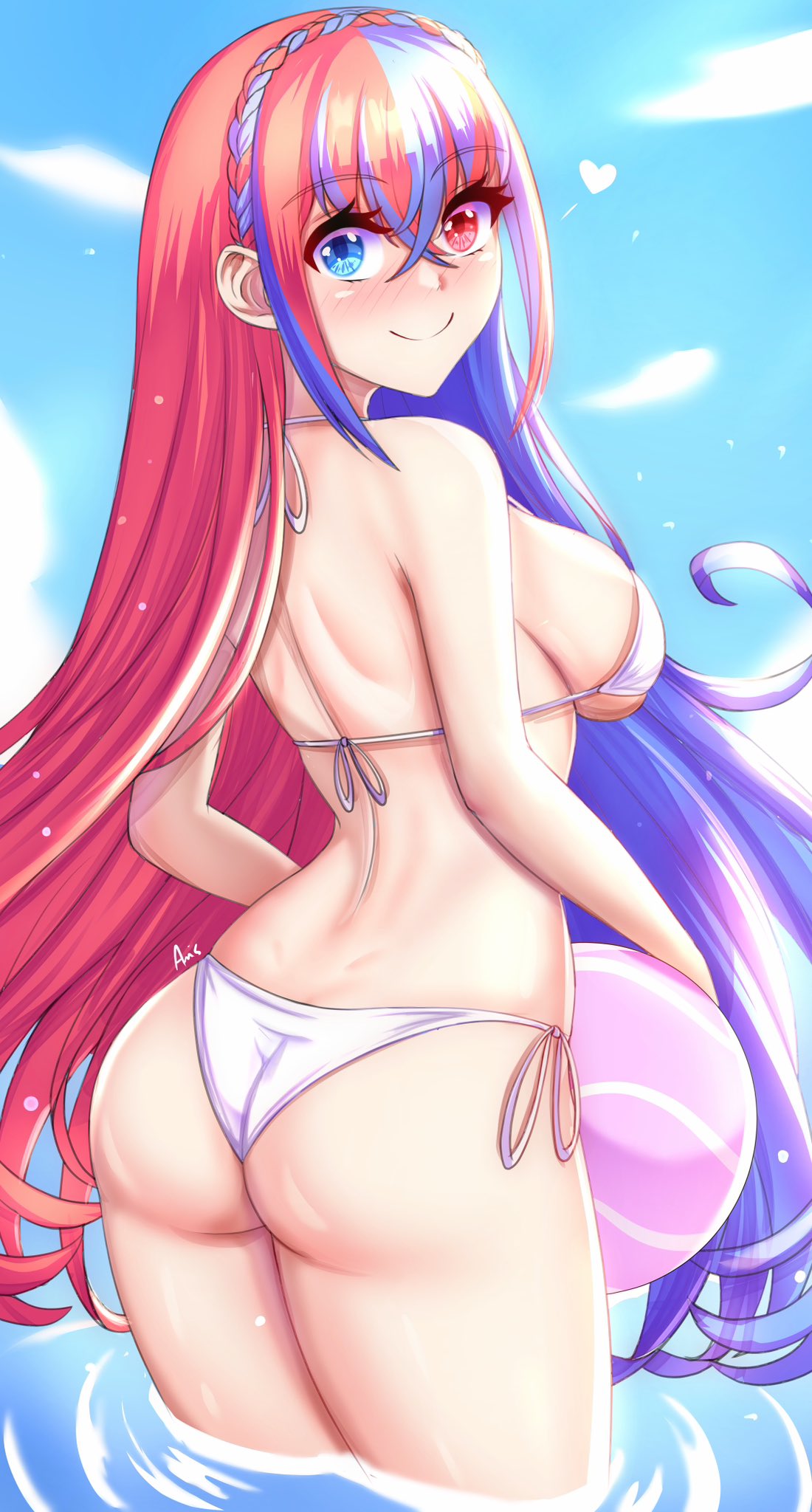 1girls alear_(female)_(fire_emblem) alear_(fire_emblem) alternate_costume anisdrawn ass back back_view ball bare_back bare_shoulders bare_thighs beachball big_ass bikini blue_eyes blue_hair blue_sky braid breasts cloud commentary_request crown_braid day female female_only fire_emblem fire_emblem_engage heterochromia highres holding holding_ball long_hair looking_at_viewer looking_back medium_breasts multicolored_hair nintendo red_eyes red_hair sidelocks sky solo streaked_hair swimsuit thighs very_long_hair wading water white_bikini white_swimsuit