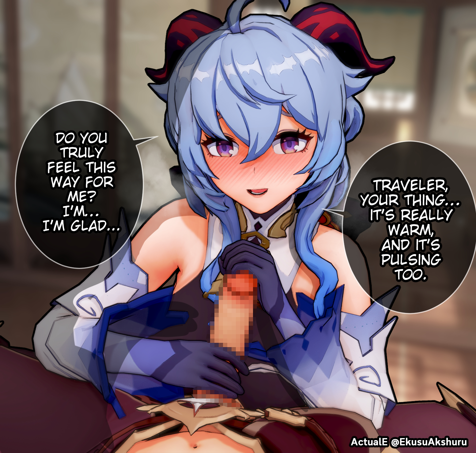 1boy, 1girls, 3d, actuale, aether (genshin impact), big penis, censored, dialogue, english text, female, ganyu (genshin impact), genshin impact, horny female, imminent oral, koikatsu, male, mihoyo, mosaic censoring, penis, straight