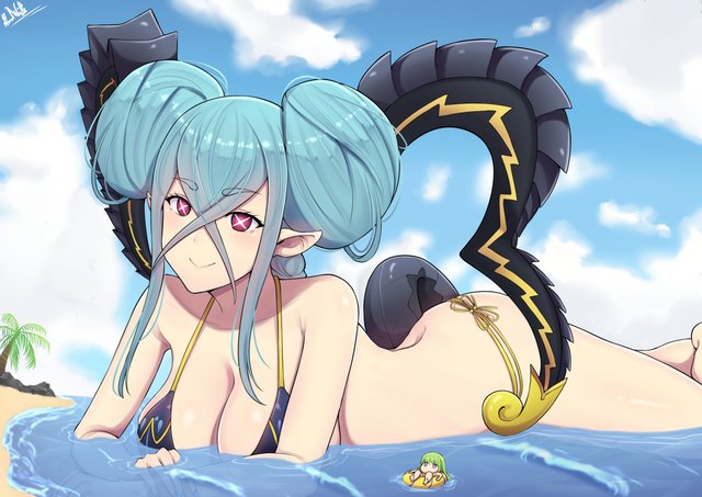 ass band-width big_breasts blue_hair fate/grand_order fate_(series) female giantess horns red_eyes symbol-shaped_pupils tail tiamat_(fate)