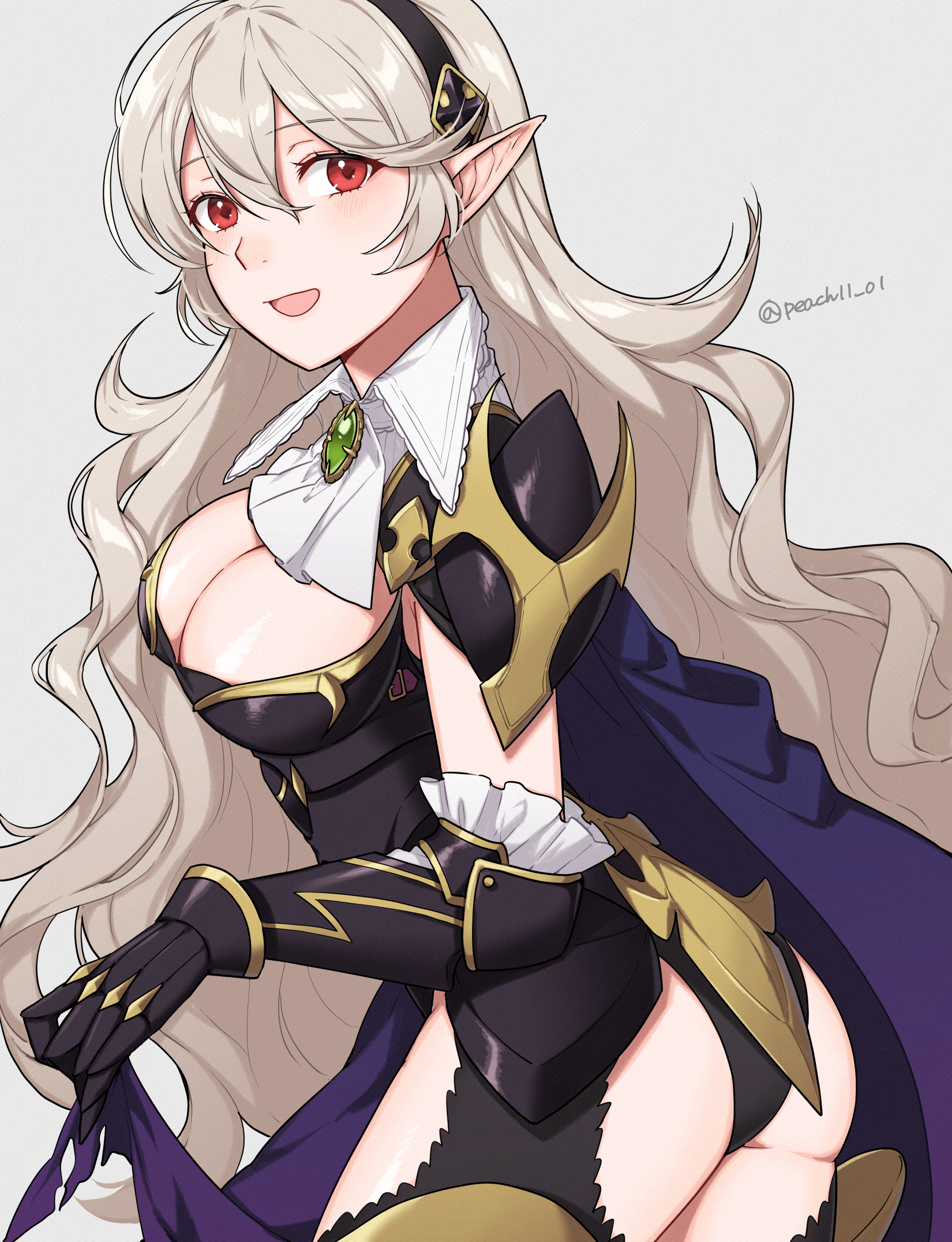 1girls, armor, artist signature, ass, bare thighs, big ass, big breasts, black hairband, black panties, blouse, blush, breasts, cape, cleavage, cleavage cutout, clothing cutout, commentary request, corrin (fire emblem), corrin (fire emblem) (female), eyelashes, eyeliner, female, female only, fire emblem, fire emblem fates, fire emblem heroes, frills, hair between eyes, hair ornament, hairband, highres, inner thighs, large breasts, leotard, lingerie, long hair, looking at viewer, makeup, nintendo, official alternate costume, open mouth, panties, pantyhose, peach11 01, pointy ears, red eyes, shirt, smile, solo, thighs, torn cape, torn clothes, underwear, very long hair, white hair