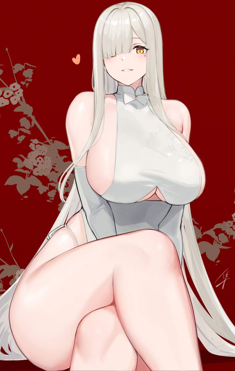 1girls bare_shoulders big_boobs boobs breasts busty classy-white-haired_girl_(hayabusa) cleavage crossed_legs curvy curvy_figure eyelashes female female_only gloves hair_over_one_eye hayabusa huge_breasts light-skinned_female light_skin long_hair long_sleeves looking_at_viewer one_eye_covered orange_eyes original pale-skinned_female pale_skin revealing_clothes sideboob simple_background sitting thick_thighs underboob white_hair